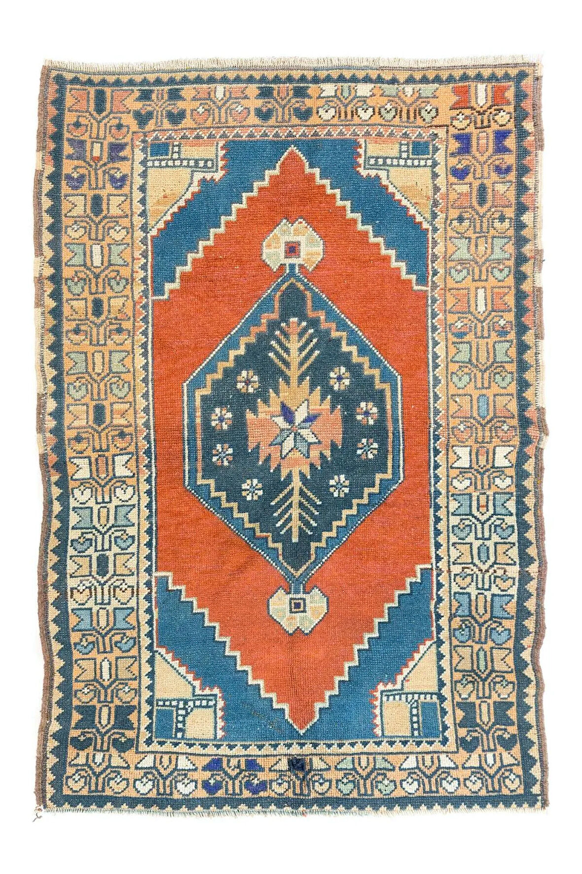 107x162 cm El Dokuması Türkiye Konya Halısı. Eski Halı. Yün Zemin Kaplama