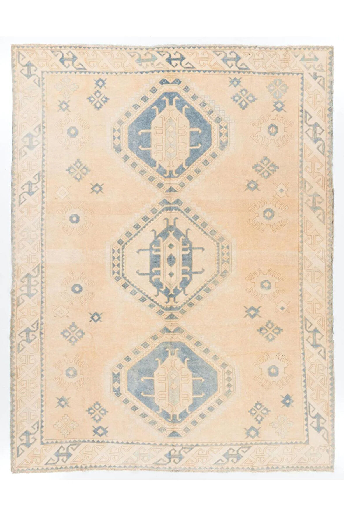 291x381 cm Somon Pembesi, Krem ve Açık Mavi Renklerinde Eski El Düğümlü Anadolu Halısı