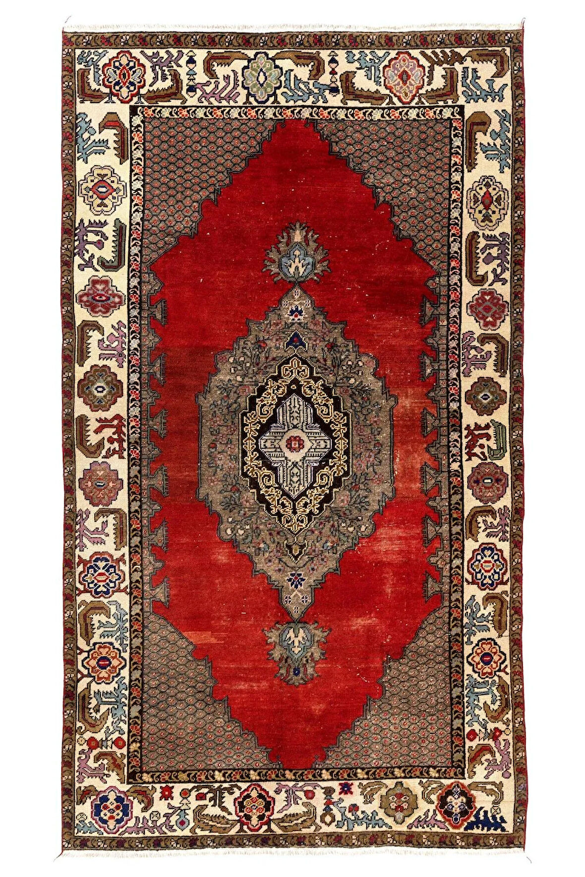 139x247 cm Eşsiz Eski Köy Halısı. Yün El Dokuma Halı, El Düğümlü Halı
