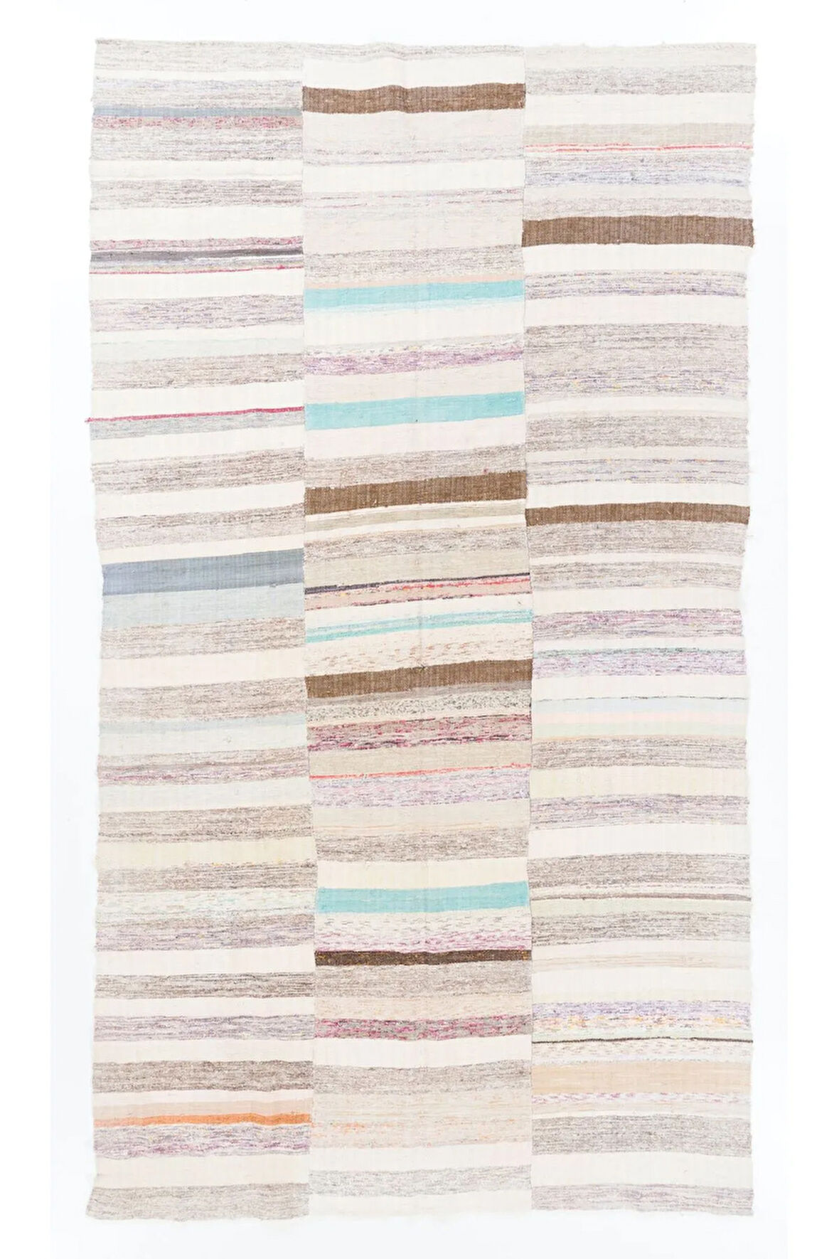 195x345 cm Yumuşak Renklerde Çizgi Desenli Eski El Dokuması Kilim. %100 Pamuk