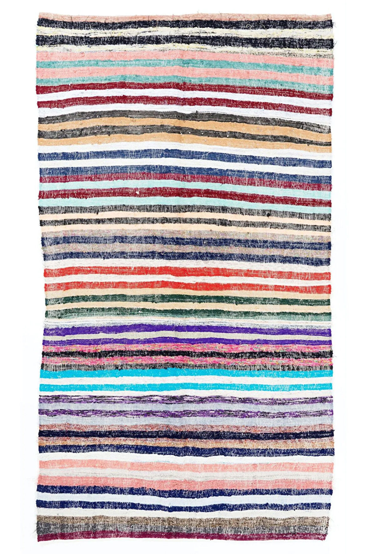 145x264 cm Eski Çizgili Pamuklu Kilim. Düz Dokuma Çaput Halı, Çok Renkli Kilim