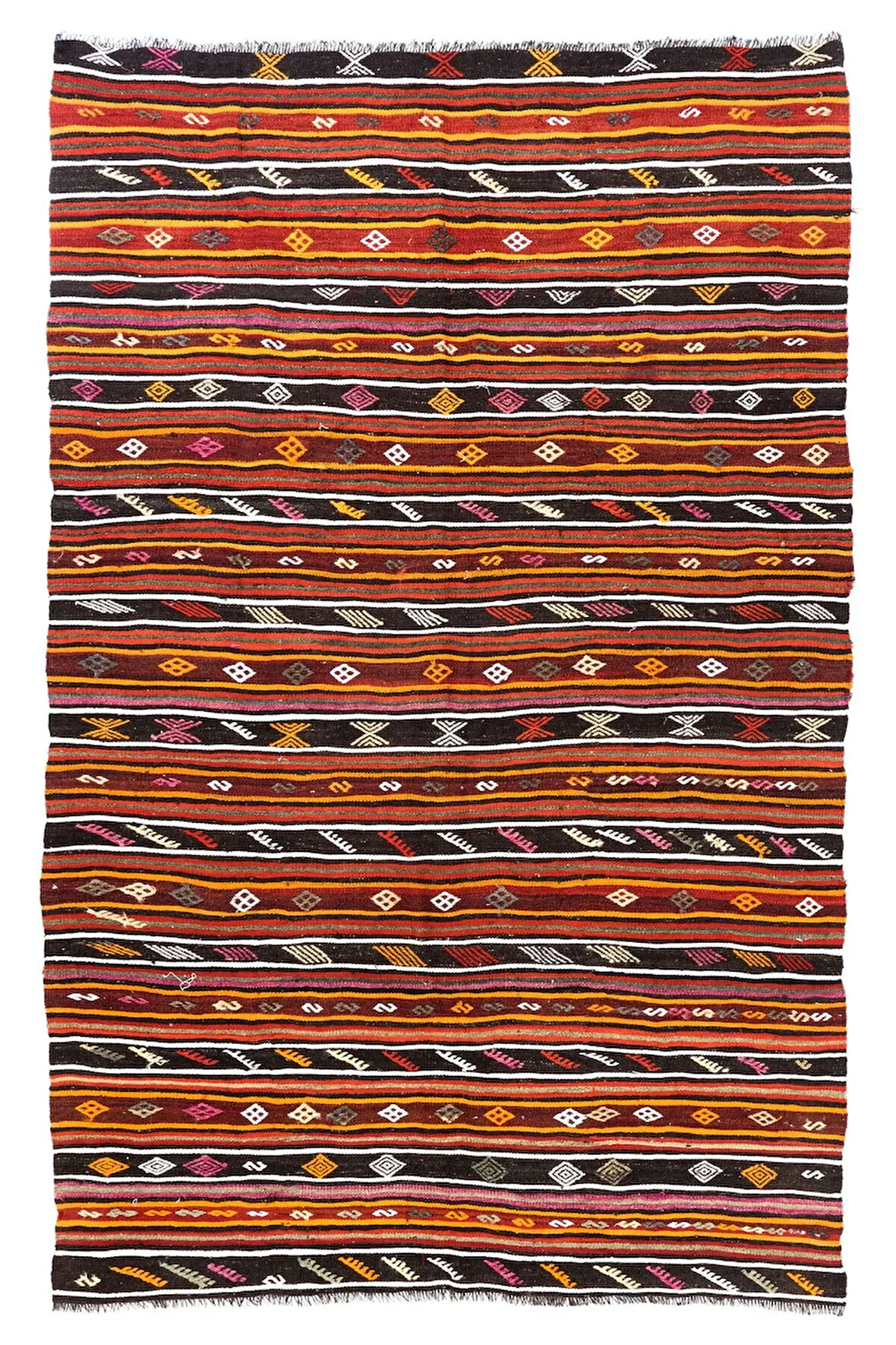200x306 cm Çizgi Desenli Çok Renkli Eski Kilim, Çift Taraflı Düz Dokuma Kilim, %100 Yün