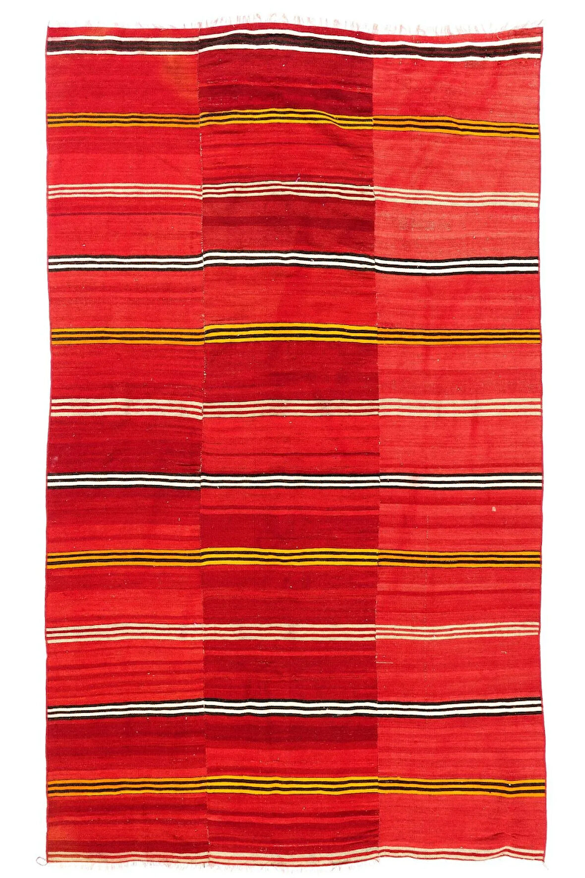 152x255 cm Canlı Kırmızı Renkte El Dokuması Çizgili Kilim. Geleneksel Halı Kilim