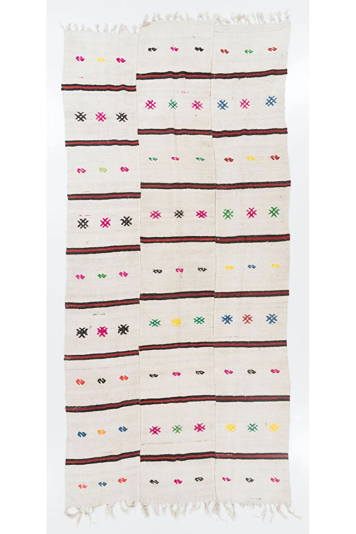 210x430 cm Pembe Yeşil Turuncu Mavi İşlemeli Eski Yün ve Pamuklu El Dokuması Kilim