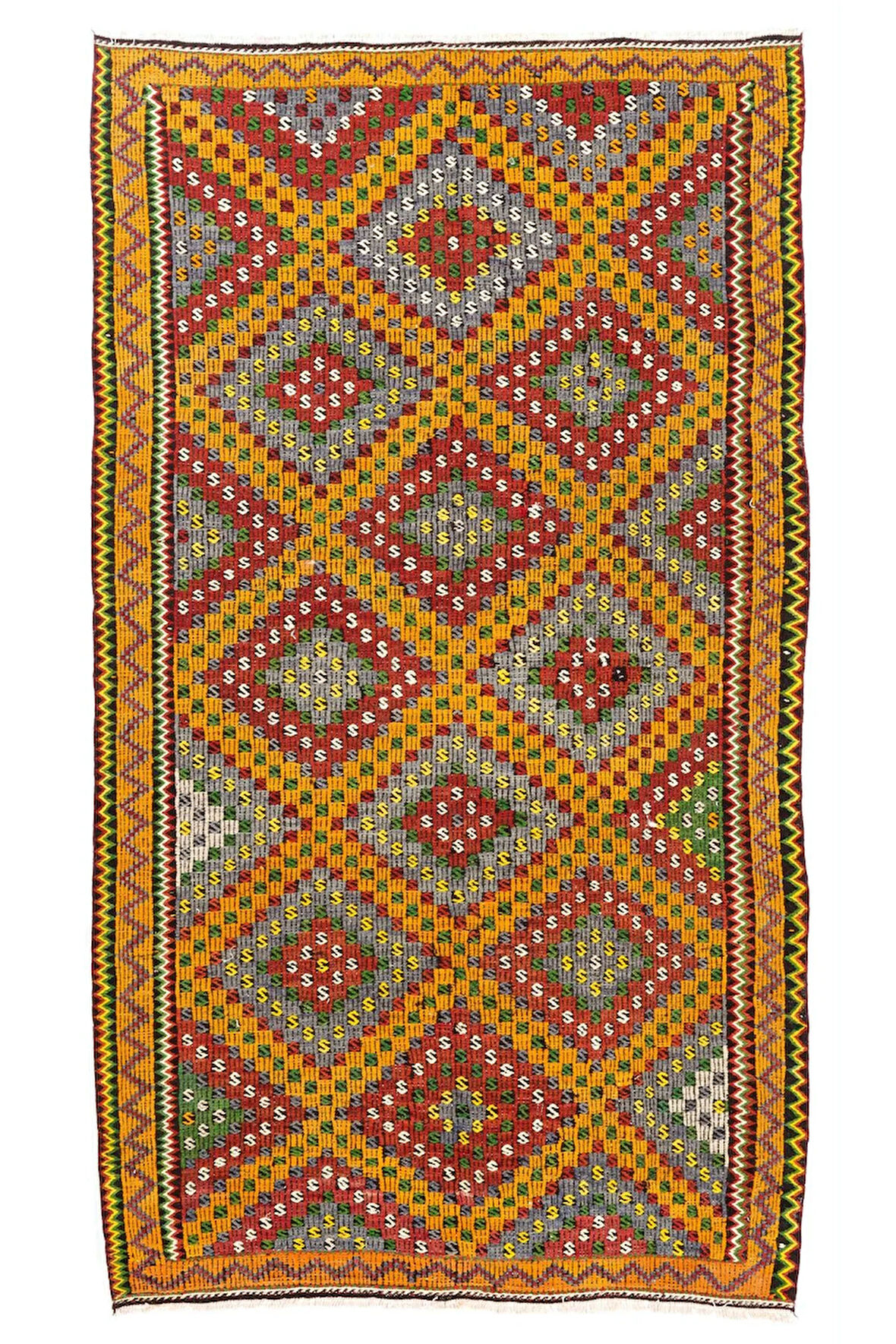185x324 cm Göz kamaştırıcı Eski Kilim. Düz Dokuma Kilim. Kırmızı, Sarı, Yeşil, Gri Renklerde Kilim