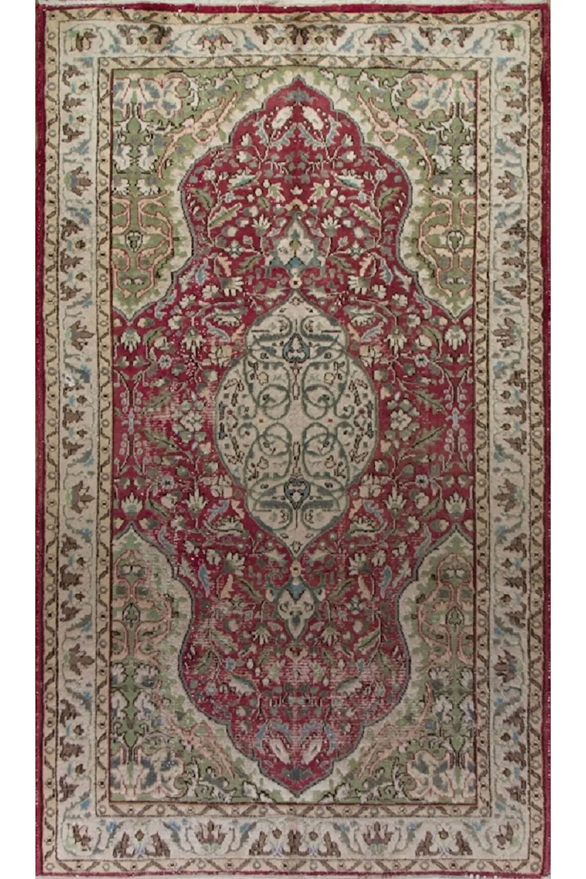 170x285 cm Kırmızı ve Yeşil Tonlarda Eski Oryantal Halı. El düğümlü yün halı. Yünlü Halı