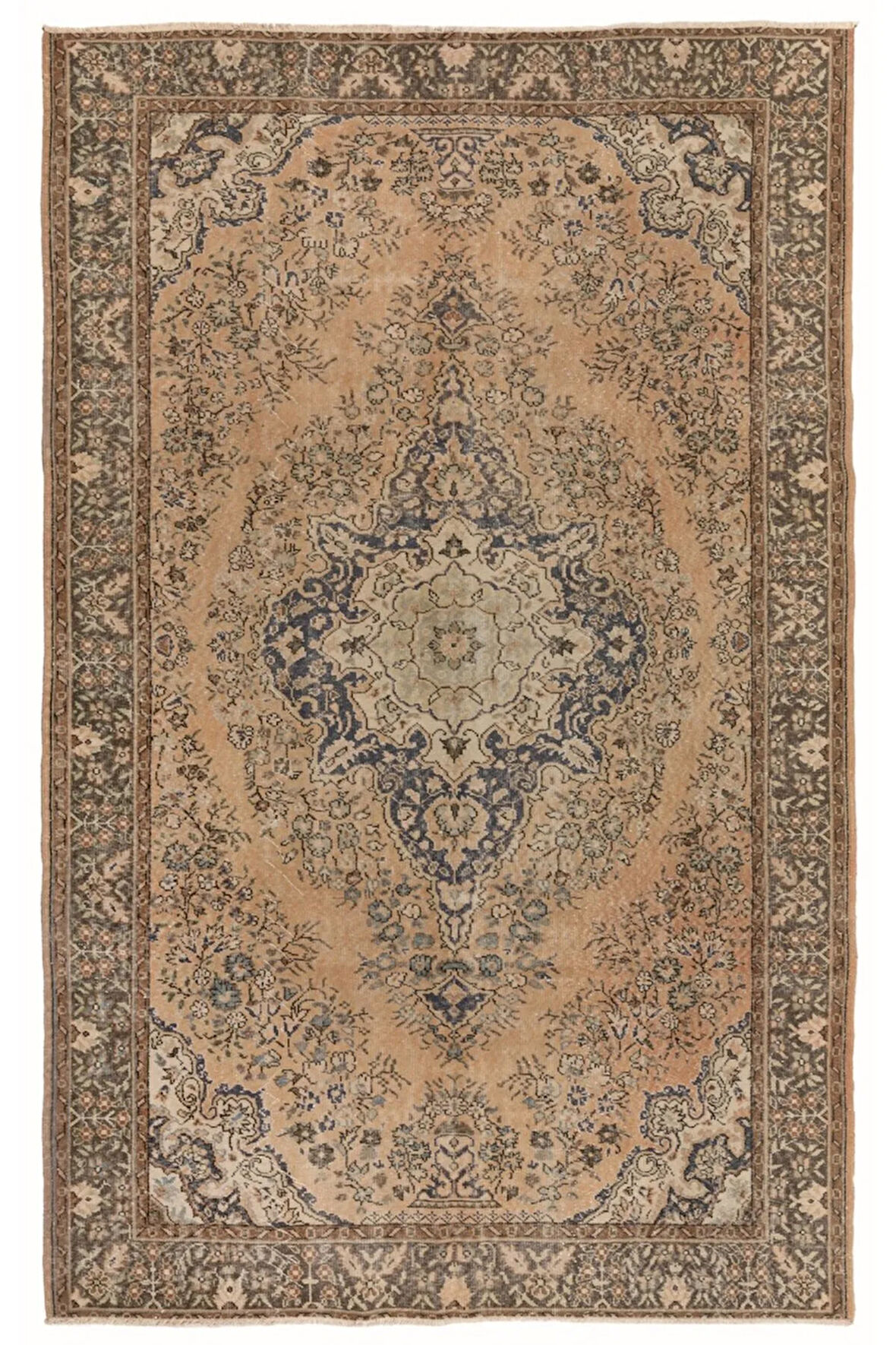 208x313 cm Eski El Yapımı Halı, Soluk Şeftali, Kayısı, Nane Yeşili, Gri, Yeşil ve Kahve Renkleri