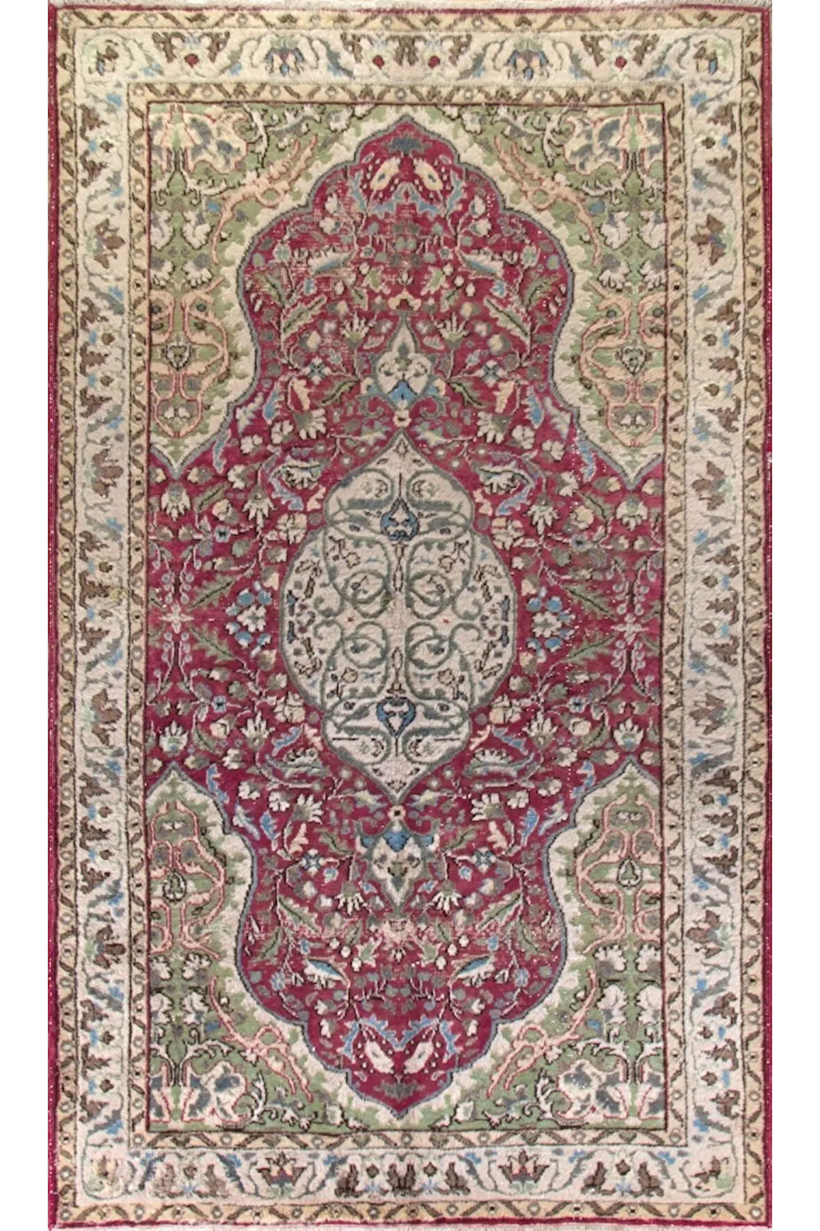 170x280 cm Kırmızı ve Yeşil Tonlarda Eski Oryantal Halı. El düğümlü yün halı. Yünlü Halı