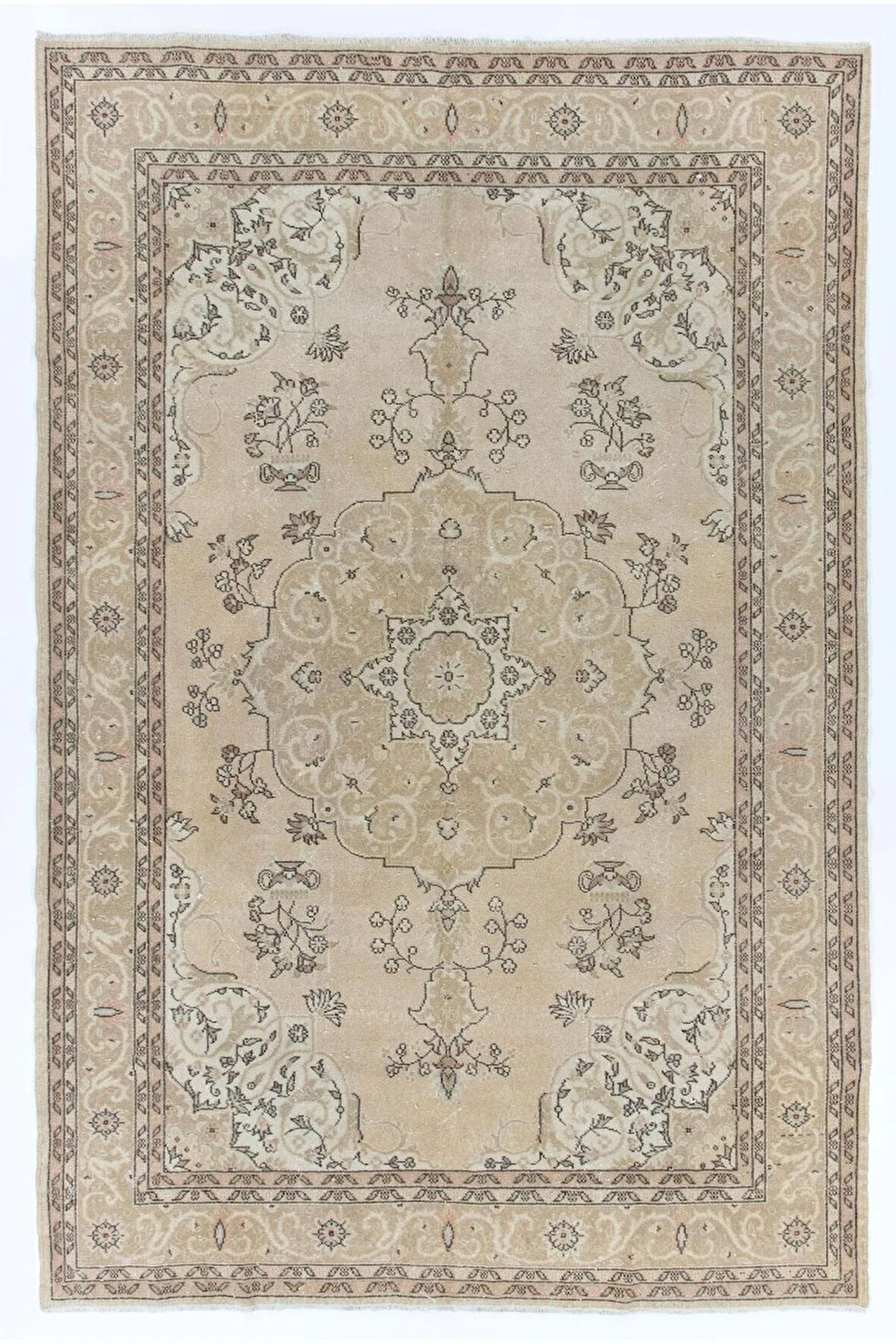 218x333 cm Nötr Renklerde Güzel Eski Anadolu Halısı, Bej El Yapımı Halı
