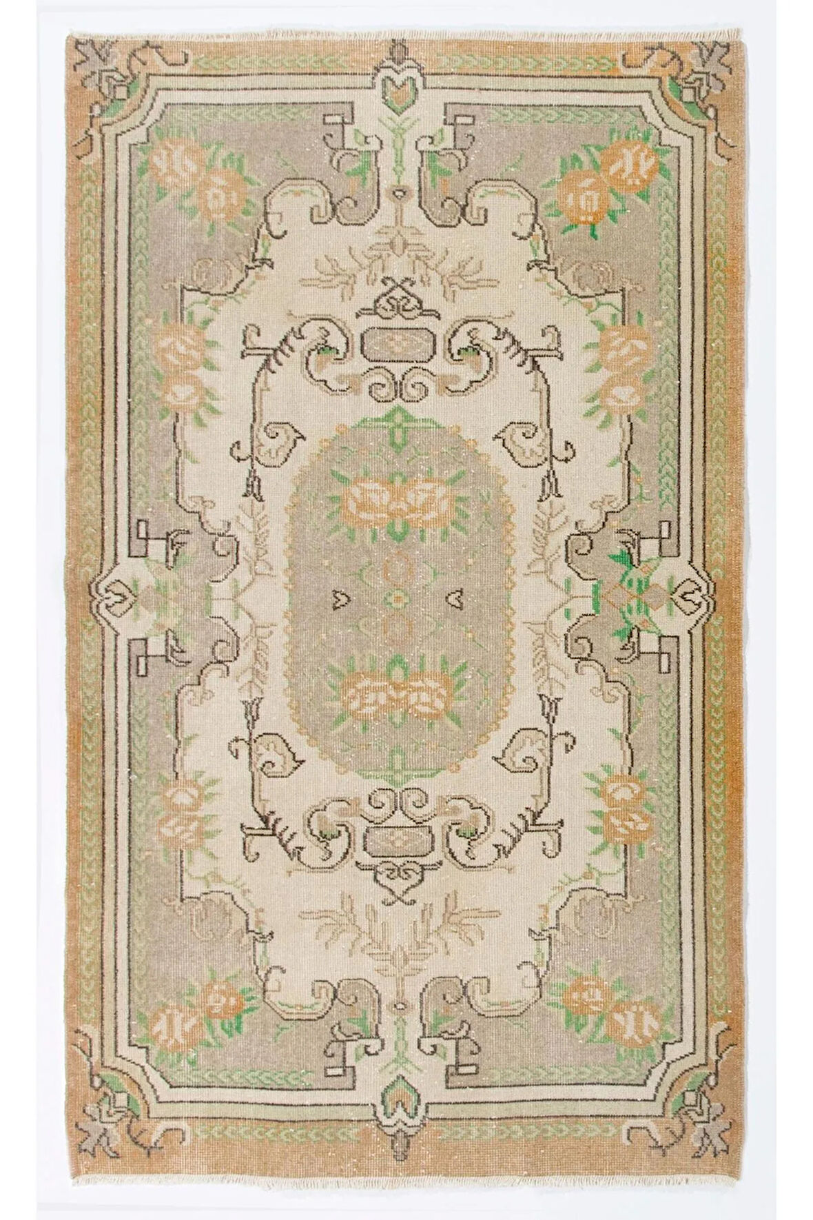 122x206 cm Fransız Stilinde Çiçek Desenli Halı. Eski El Yapımı Halı, Yün Zemin Kaplaması