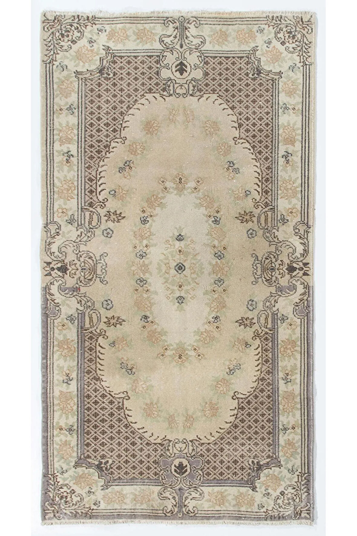 114x210 cm Eski Bej Halı, Ek Düğümlü Küçük Alan Halısı Halı, El Yapımı Yünlü Halı