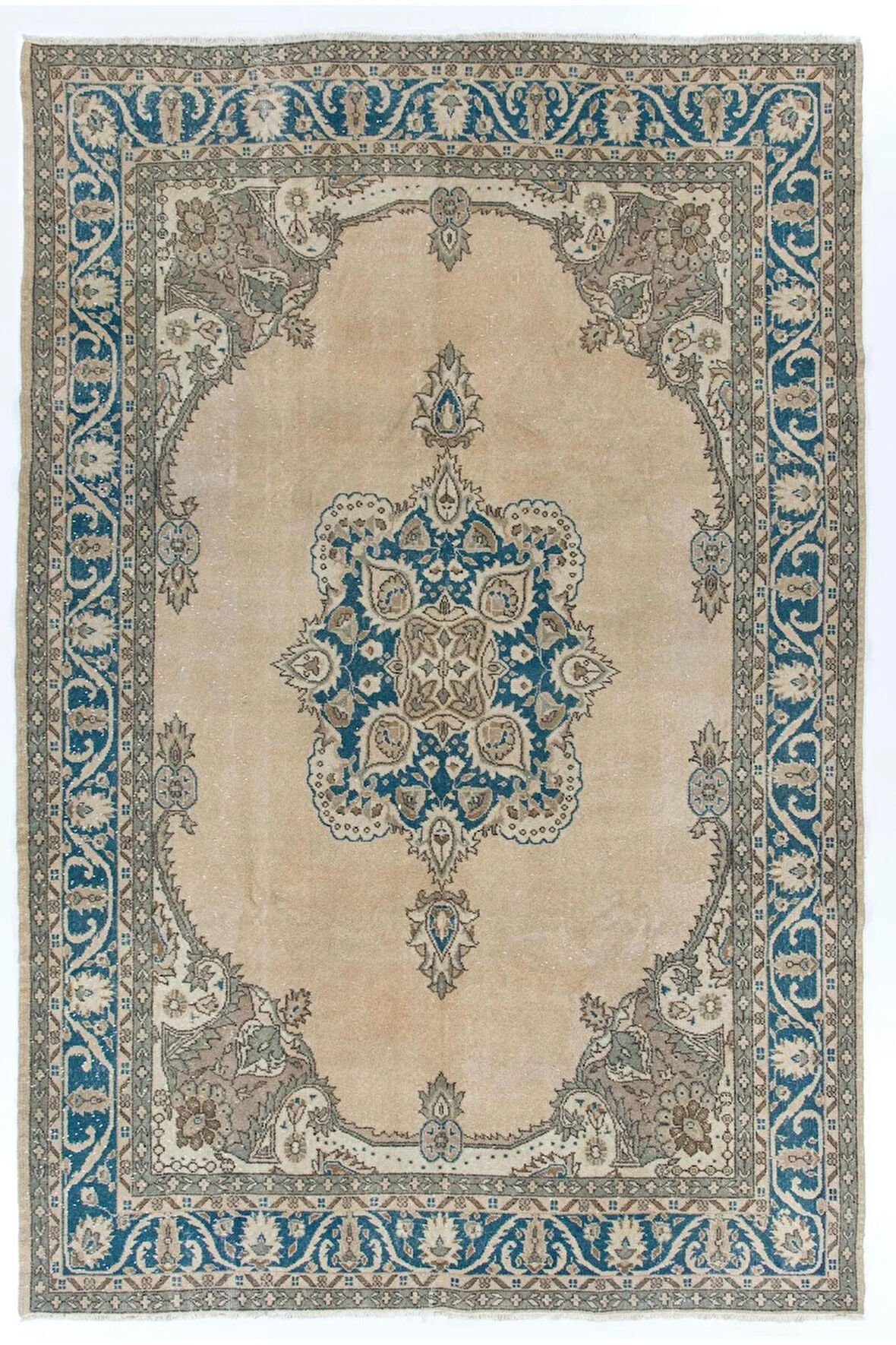 232x344 cm Bej ve Mavi Renklerde Eski Orta Anadolu Türk Halısı, El Yapımı Halı