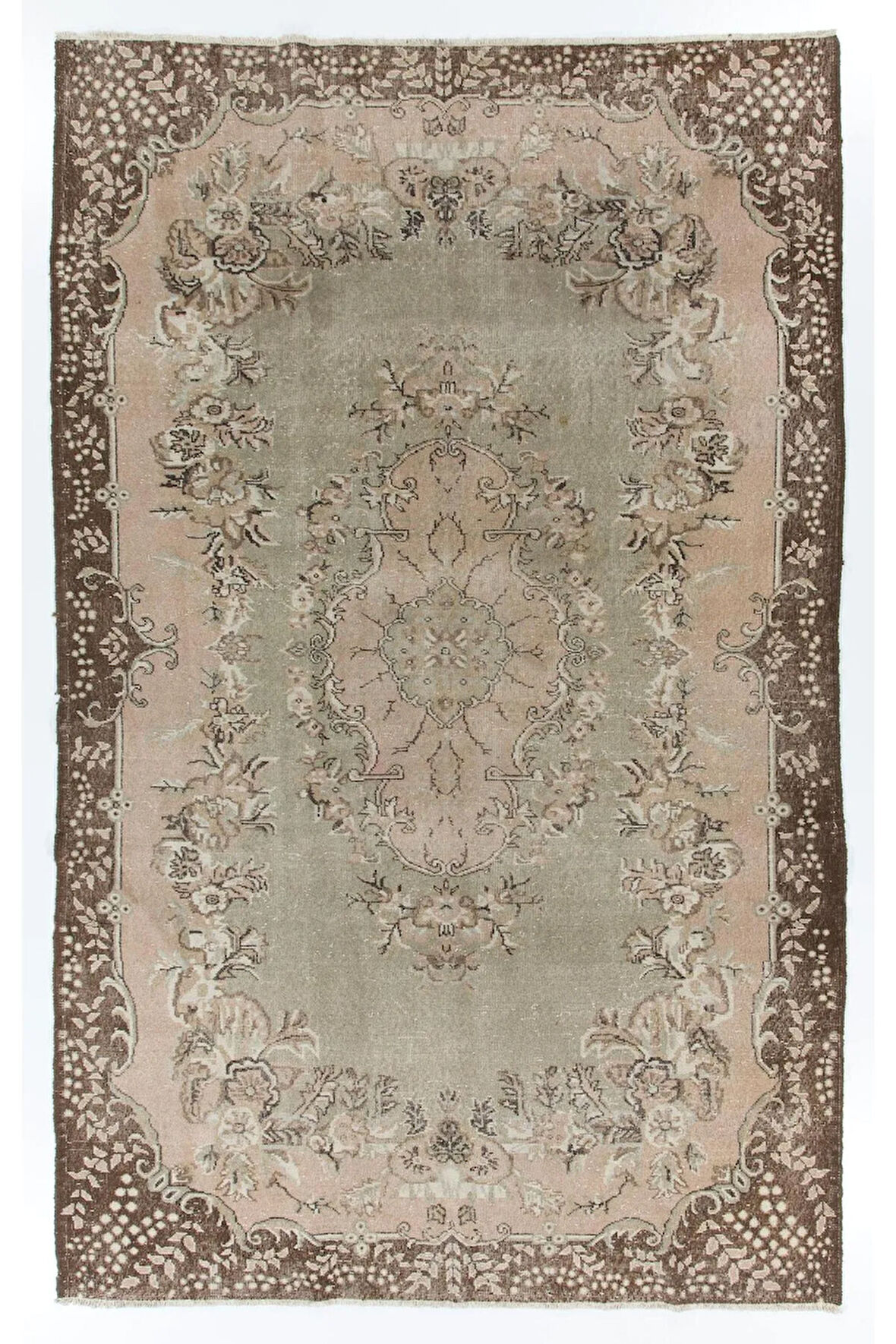 207x330 cm Çiçek Madalyon Tasarımlı Eski  El Yapımı Anadolu Uşak Halısı. El Dokuma Yün Halı