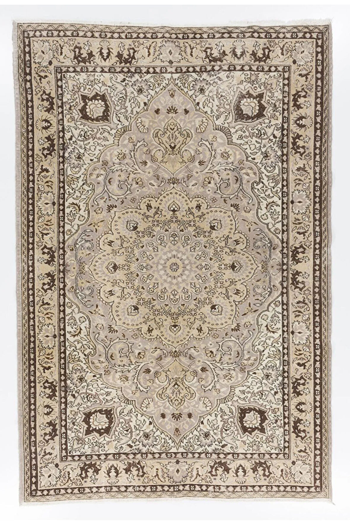205x307 cm Nötr Renklerde El Düğümlü Eski Madalyon Tasarımlı Anadolu Halısı