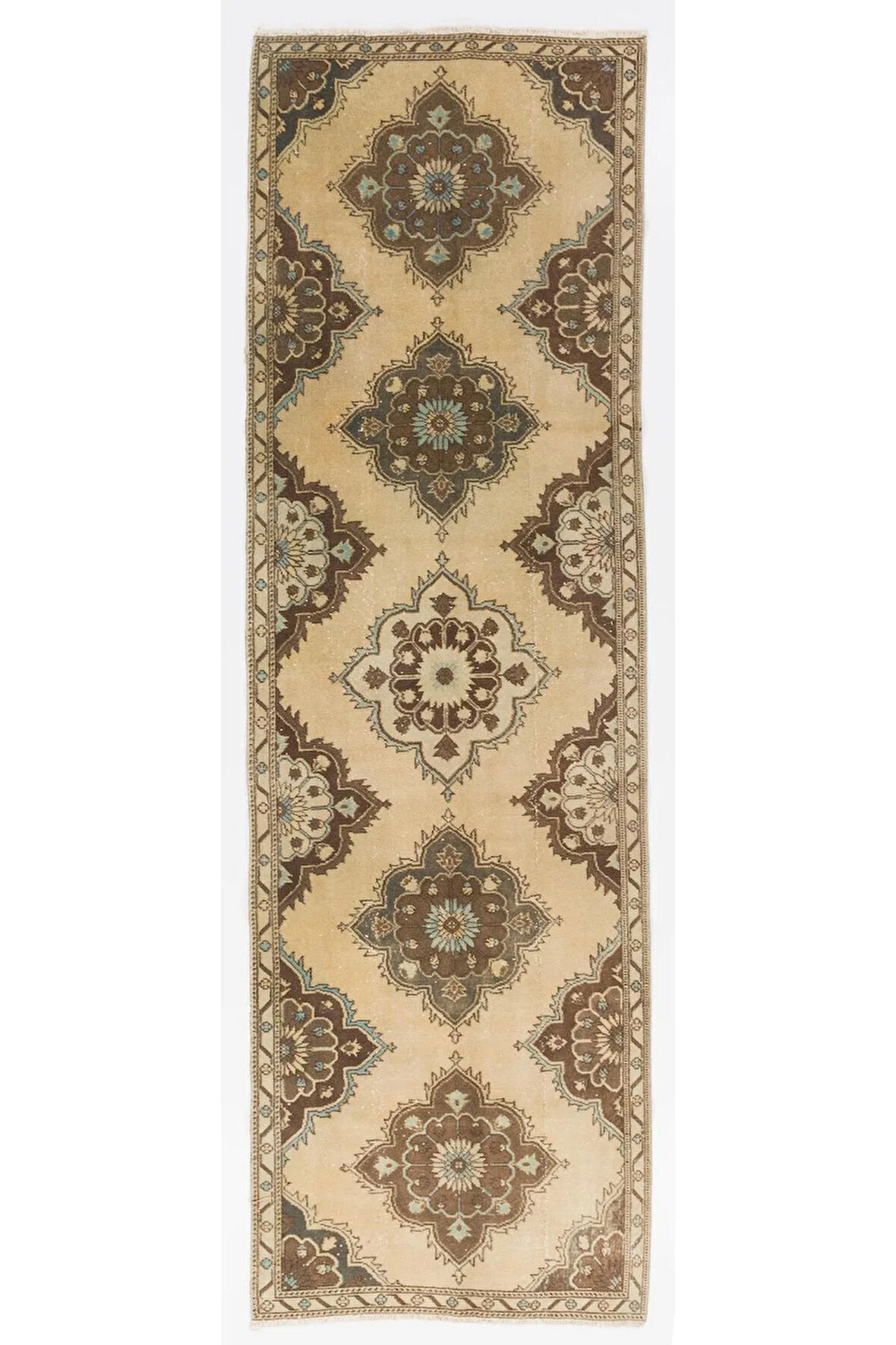 108x354 cm Eski Türk Uşak Yolluk Halısı. Geleneksel El-Düğümlü Yün Koridor Halısı