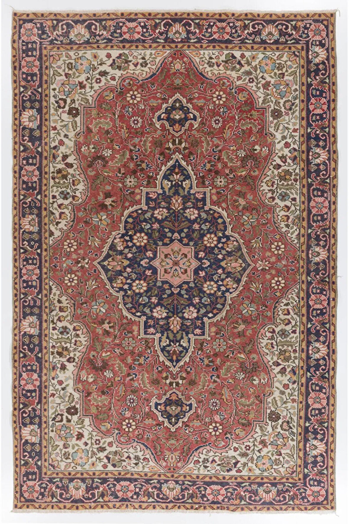 208x315 cm Oda Boyutunda Eski El Düğümlü Kırmızı ve Mavi Tonlarda Yünlü Halı