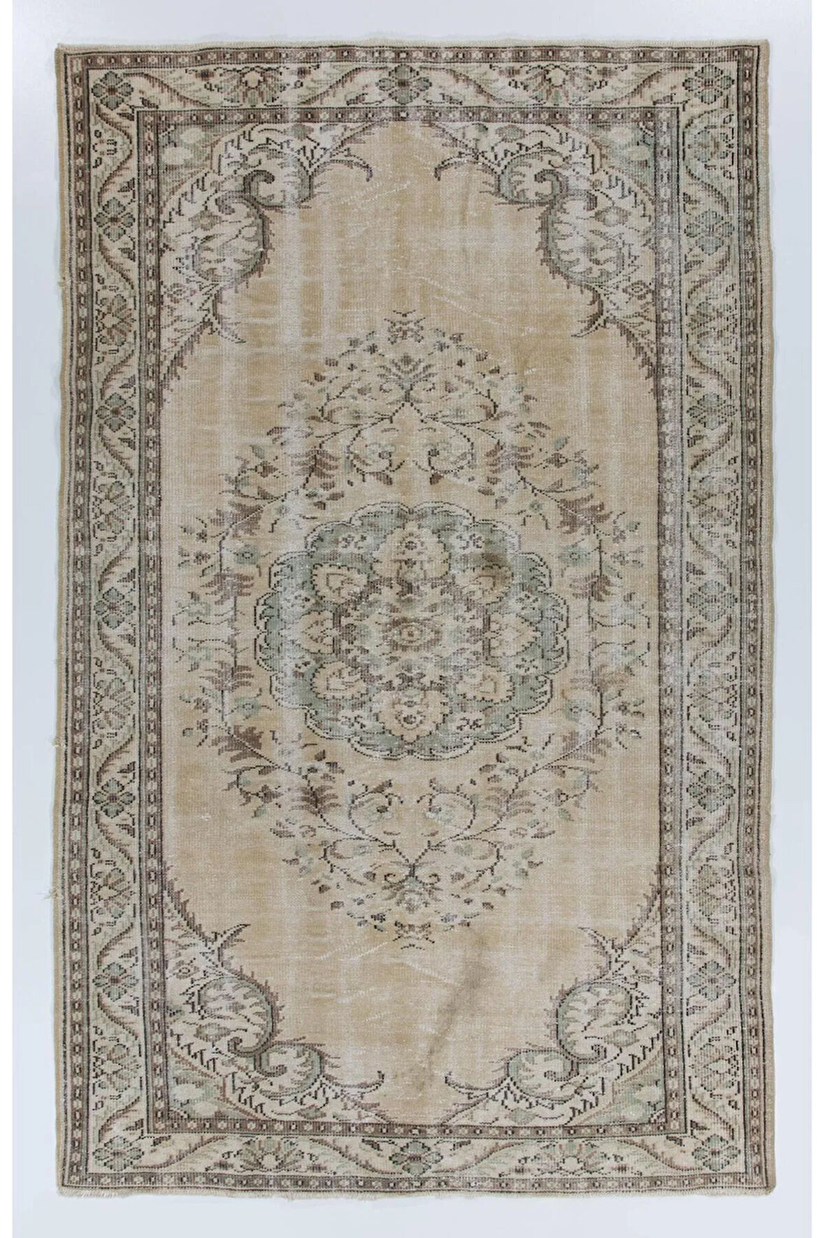 188x295 cm Nötr Renklerde Eski Anadolu Uşak Halısı. El Dokuma Halı, Yün Zemin Kaplaması