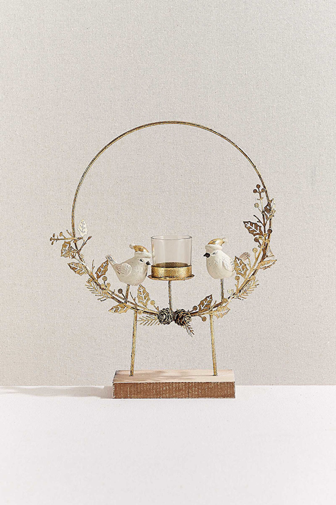 Kuşlu Çelenk Tealight Mumluk Gold