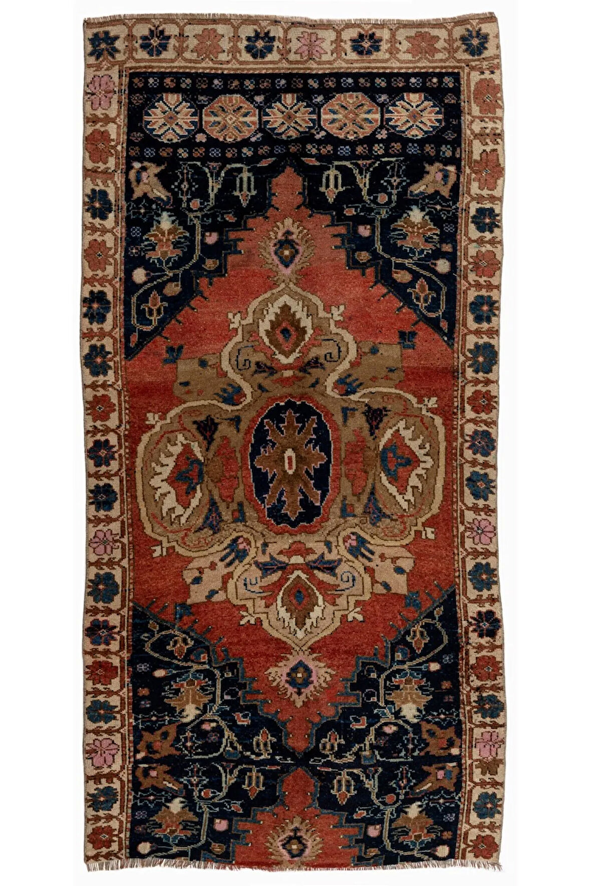 122x250 cm El Yapımı Alan Halısı, El Düğümlü Yünlü Eski Halı