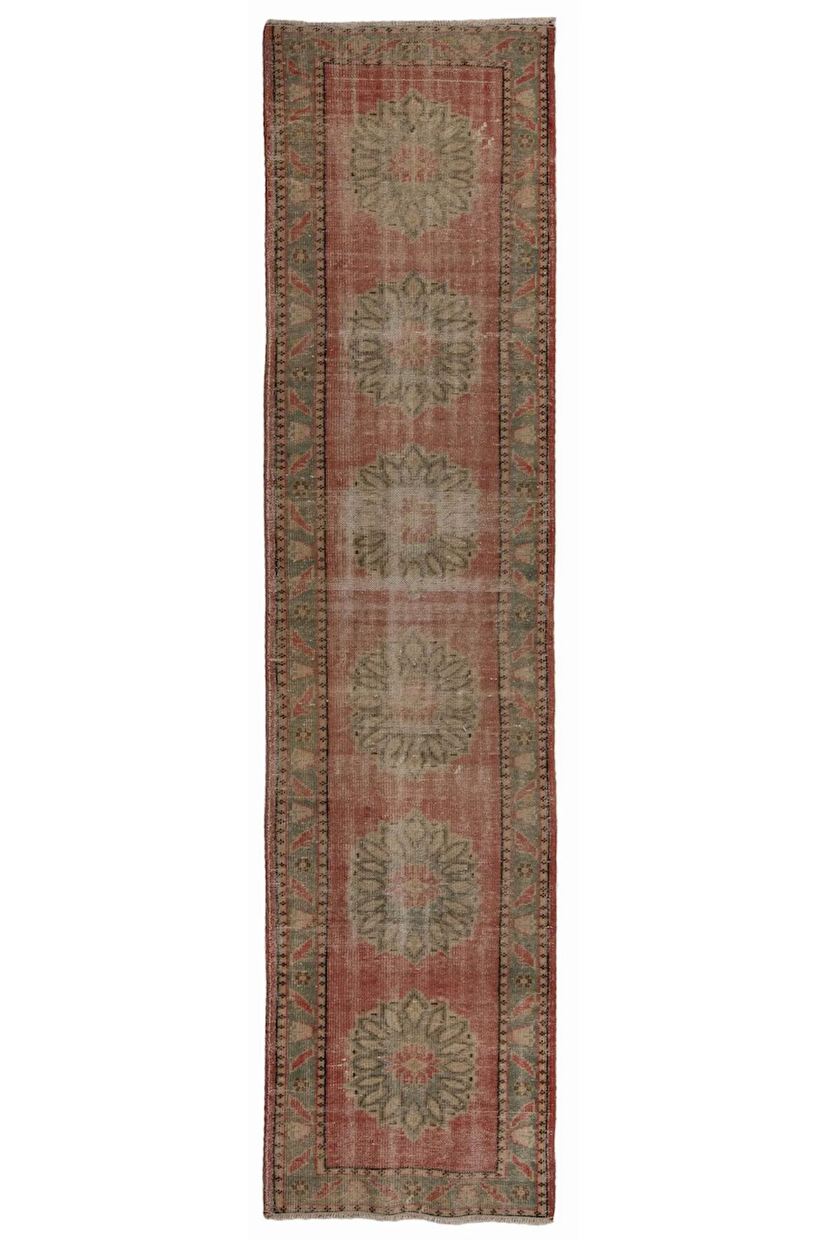 80x340 cm Soluk Kırmızı, Mavi ve Taşlı Eski El Dokuma Türk Yolluk Halısı