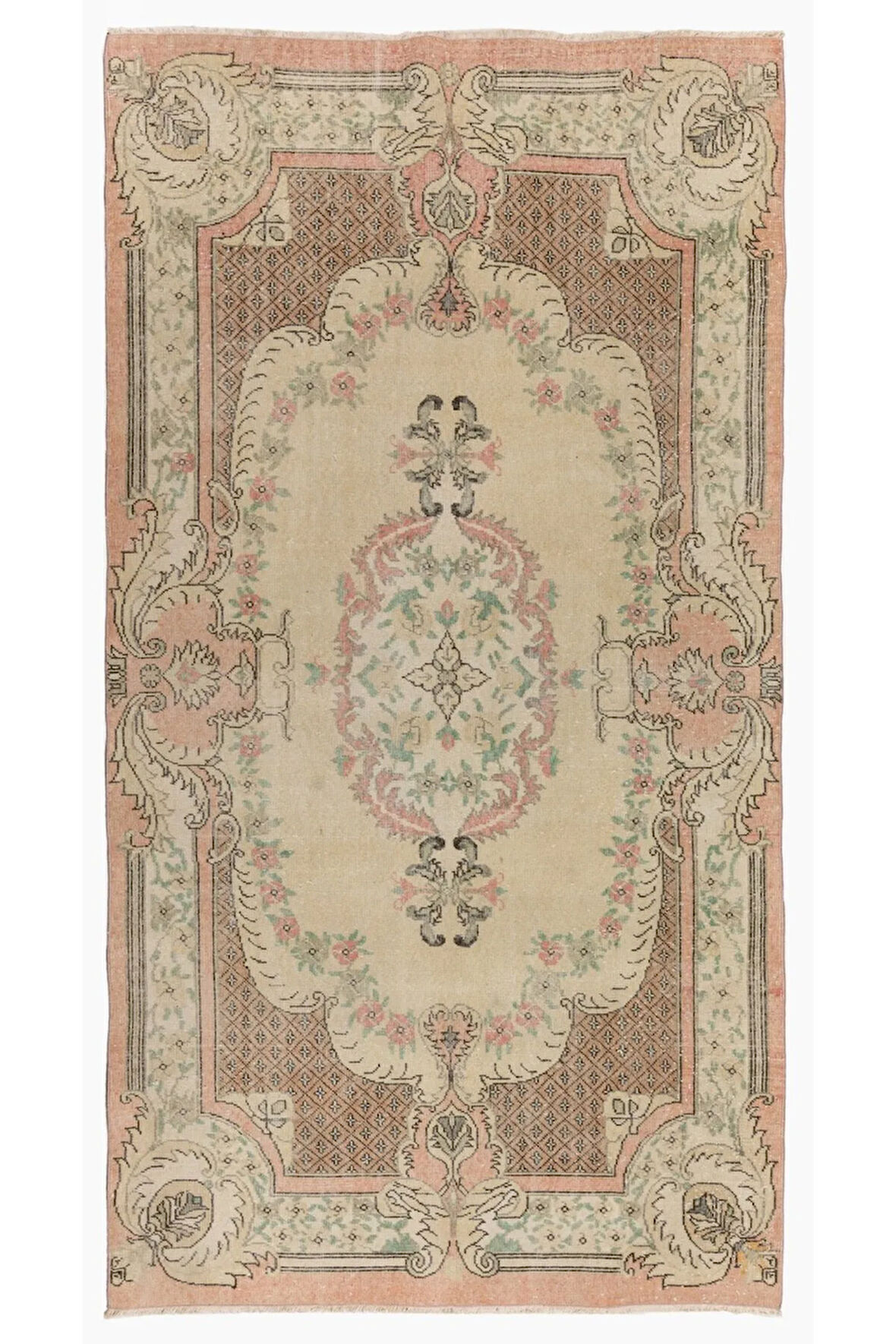 168x295 cm Aubusson'dan Esinlenmiş Eski El Yapımı Türk Halısı, Şeftali, Soluk Sarı Tonlarında