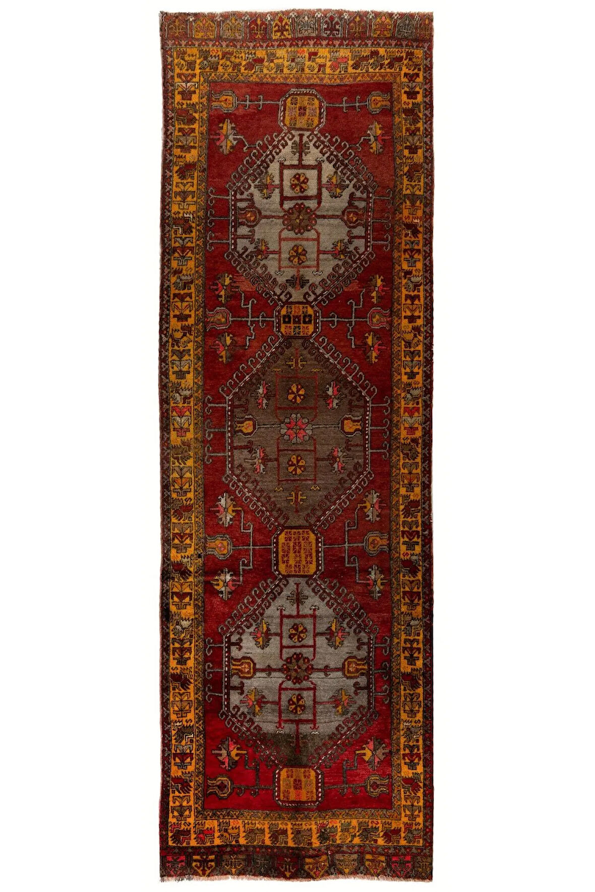 145x440 cm Eşsiz El Dokuması Eski Yün Köy Halısı