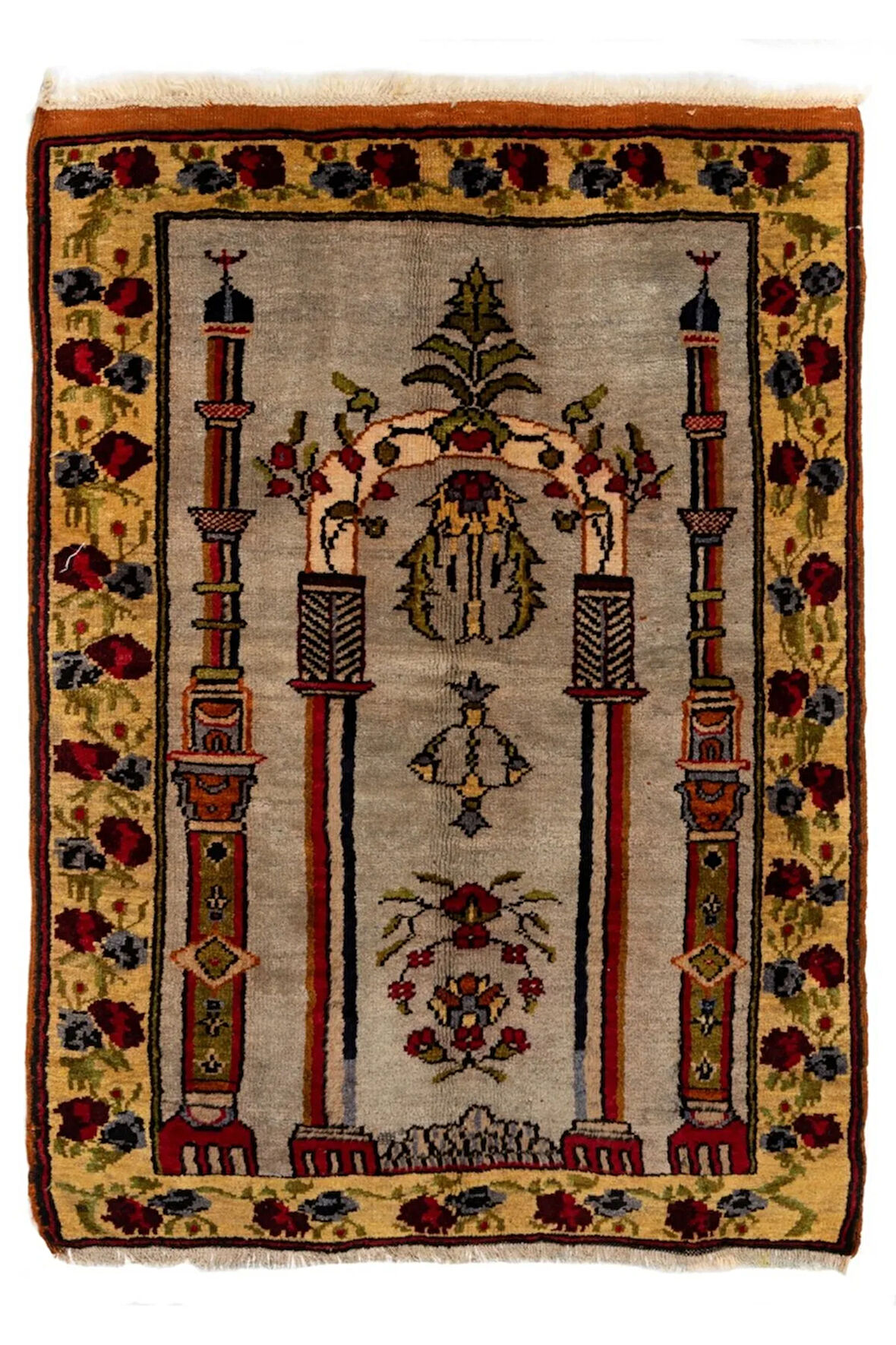 92x129 cm Kemerli Yol, Sütunlar ve Çiçekleri Betimleyen Eski Türk Seccadesi