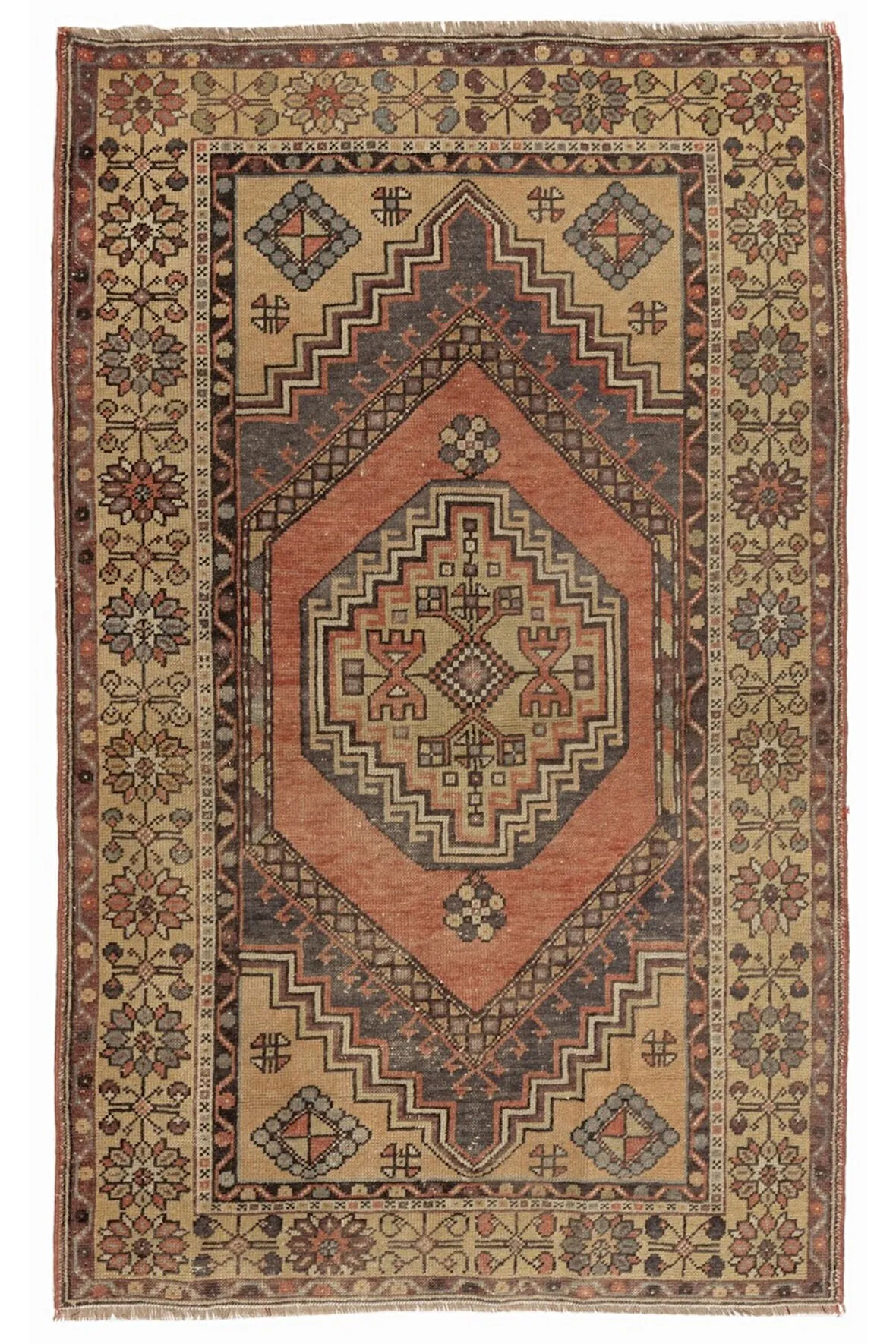 110x176 cm Geometrik Madalyon Desenli El Yapımı Eski Türk Köy Halısı