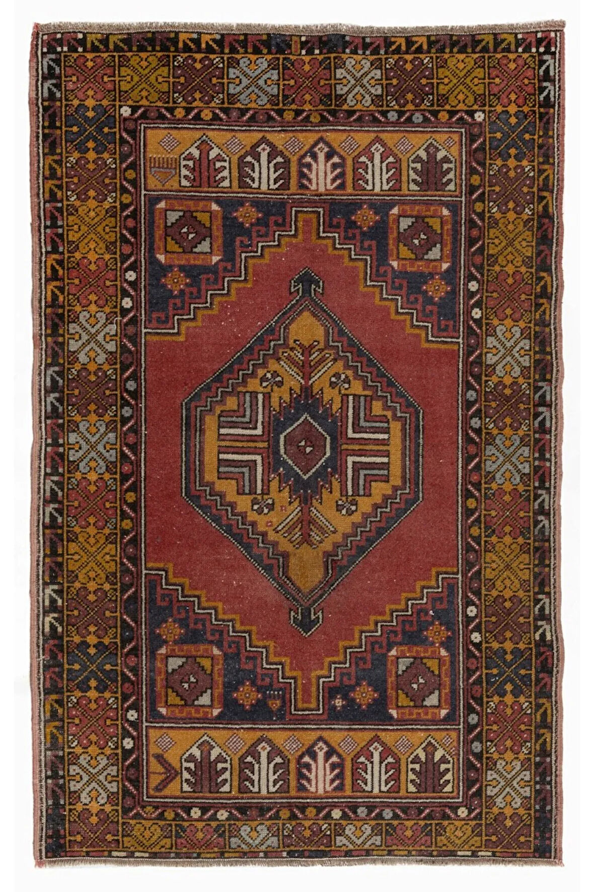 114x175 cm El Düğümlü Eski Oryantal Halı, Kabile Tarzı Yün Halı