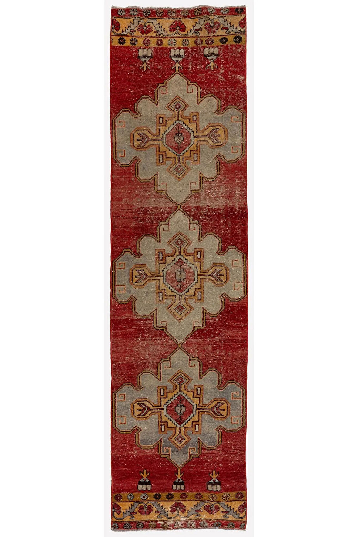 90x347 cm Eski El Yapımı Türk Runner. Türünün tek örneği Yün Koridor Halısı