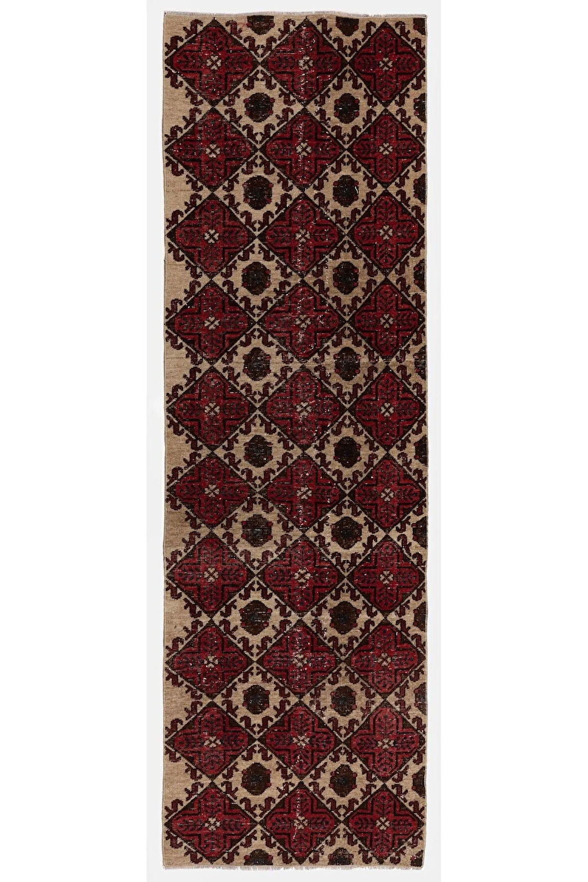 84x280 cm Kırmızı, Bej, Kahverengi ve Lacivert El Yapımı Eski Türk Yolluk Halısı