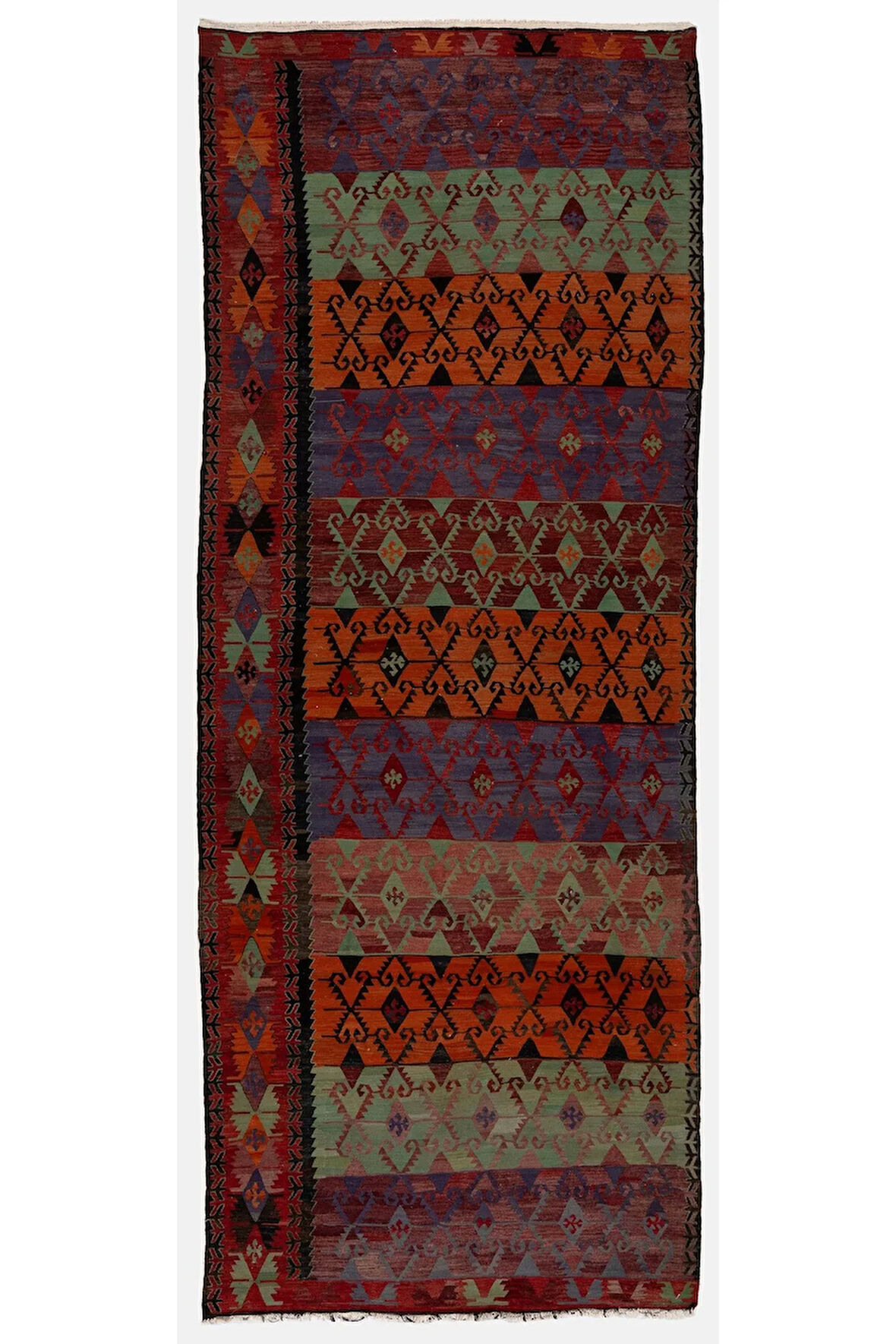 158x400 cm Nadir Bulunan Eski El Dokuması Kilim, Dekoratif Yolluk kilim, Çok Renkli