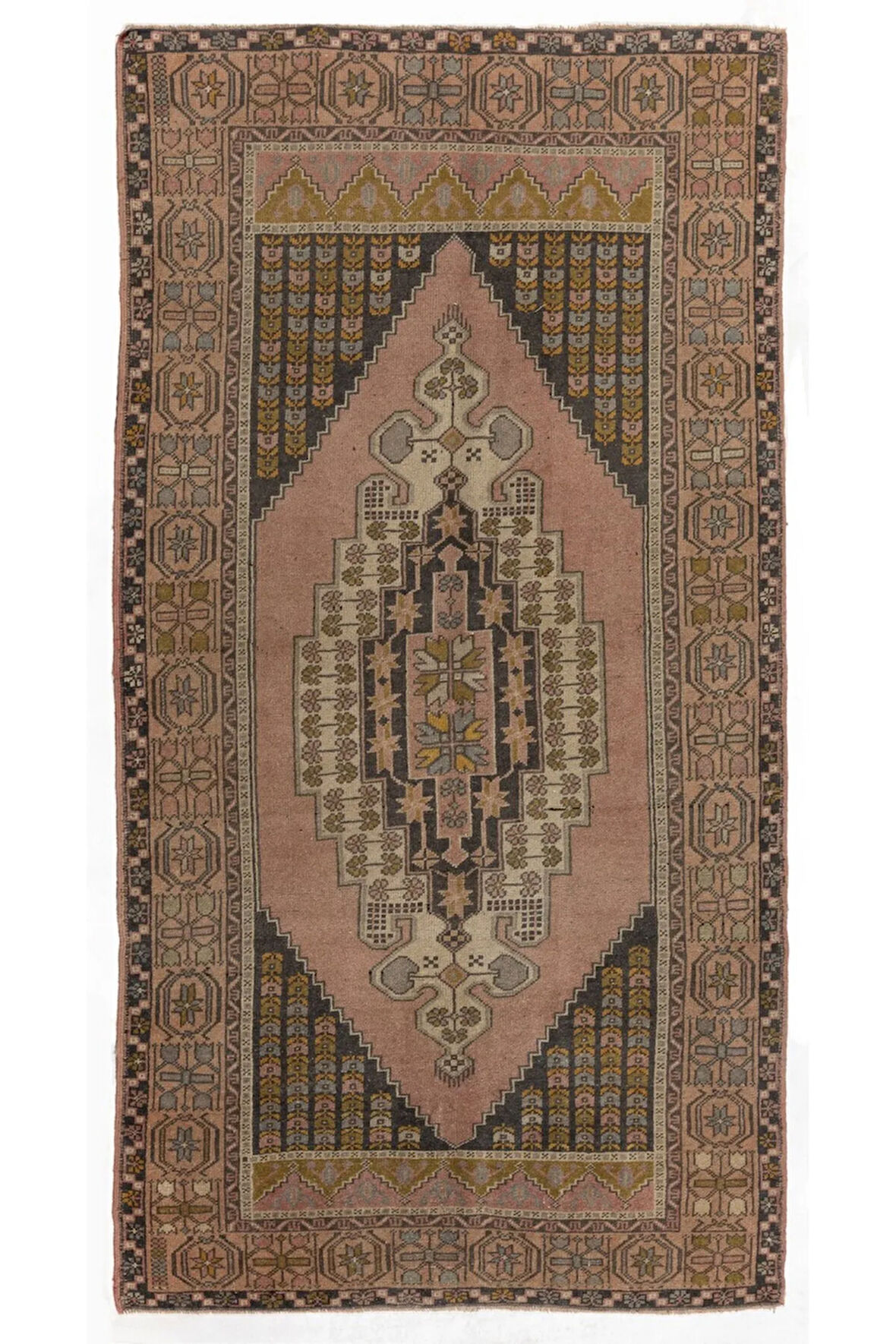 127x245 cm Madalyon Desenli Eski El Yapımı Halı, %100 Yün