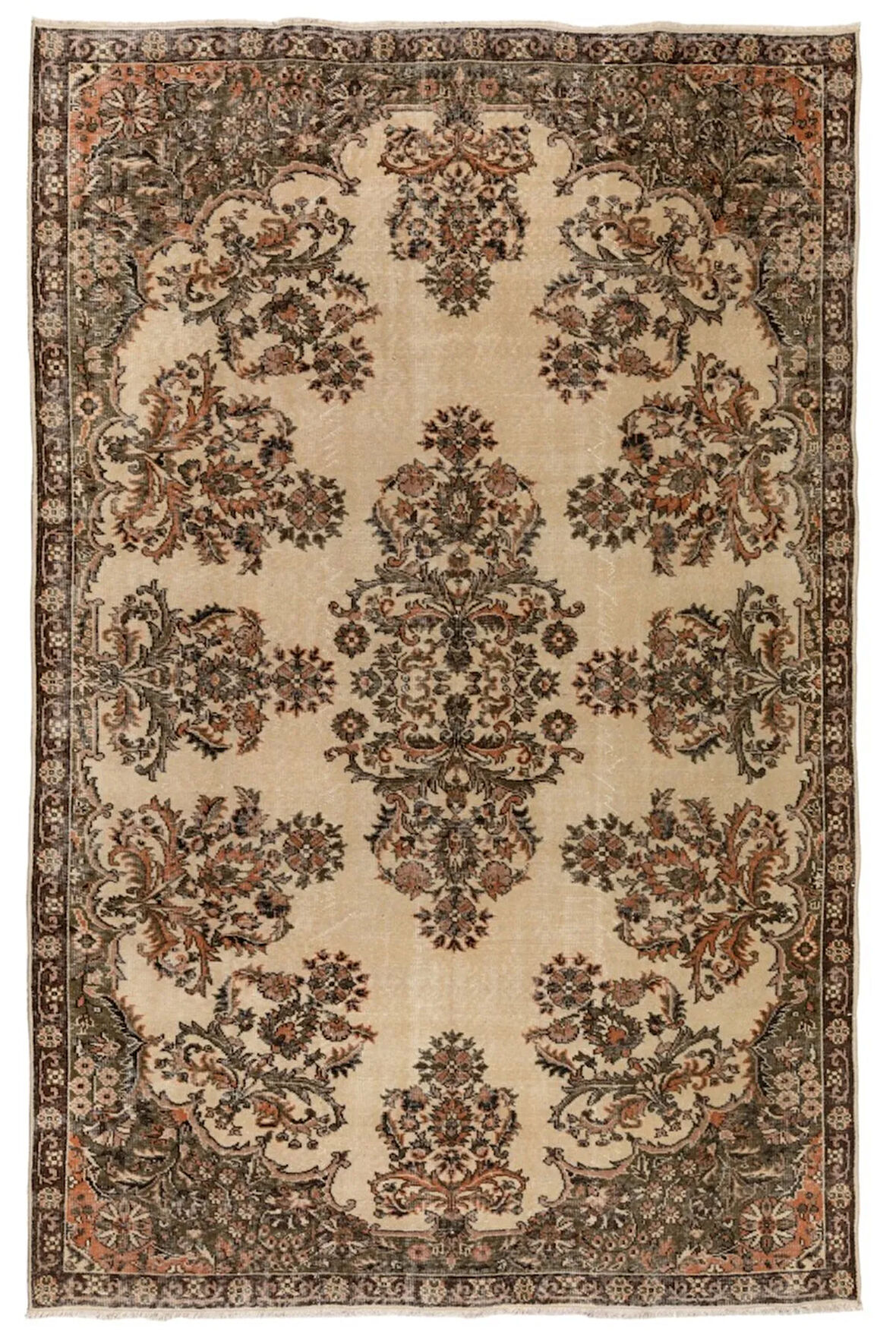 208x303 cm Çiçekli Bahçe Tasarımı Eski El Yapımı Anadolu Halısı, Yün ve Pamuklu Halı