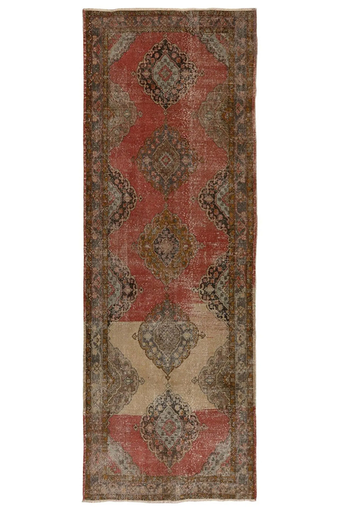 142x393 cm Koridor için Eşsiz El Yapımı Eski Köy Yolluk Halısı, Antre Hol Halı