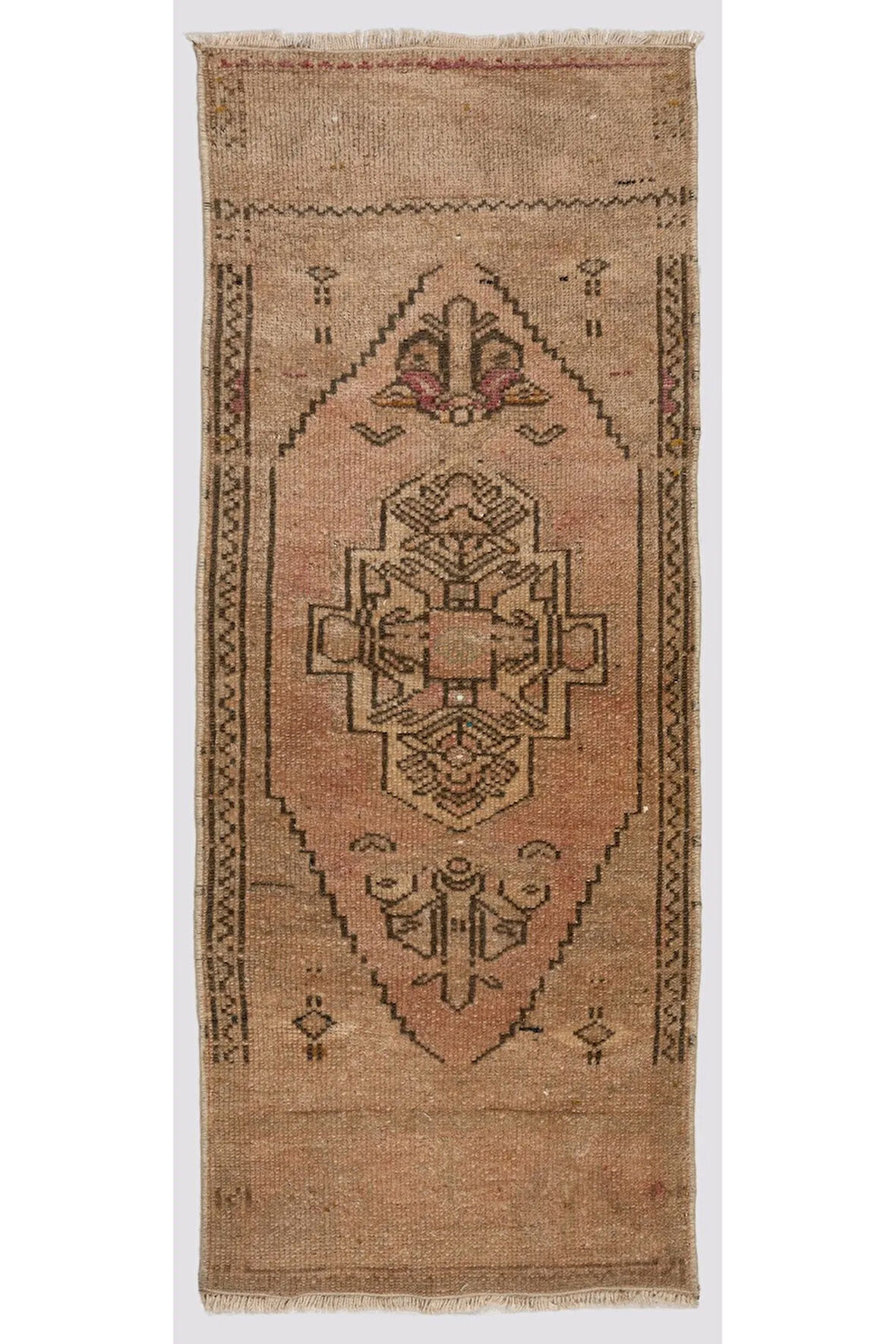 46x110 cm Küçük El-Düğümlü Yün Kapı Paspası. Eski El Yapımı Anadolu'dan Küçük Halı