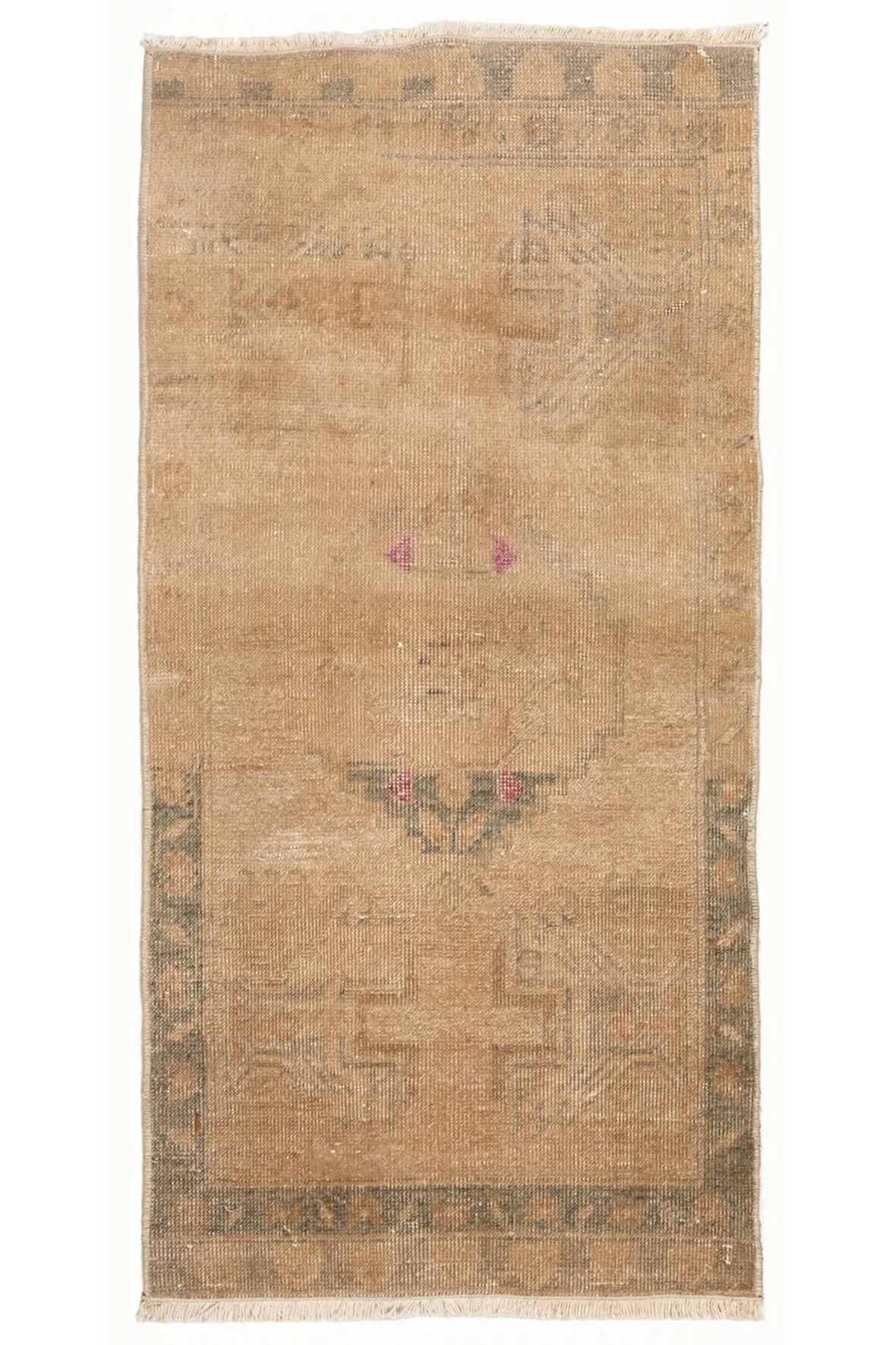 52x105 cm Küçük El Düğümlü Yün Halı. Eski El Yapımı Anadolu'dan Küçük Halı