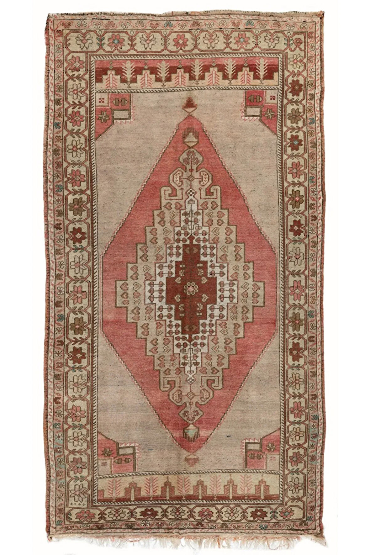 135x260 cm 1950'lerden El Yapımı Geometrik Madalyonlu Köy Halısı, Tamamen Yün