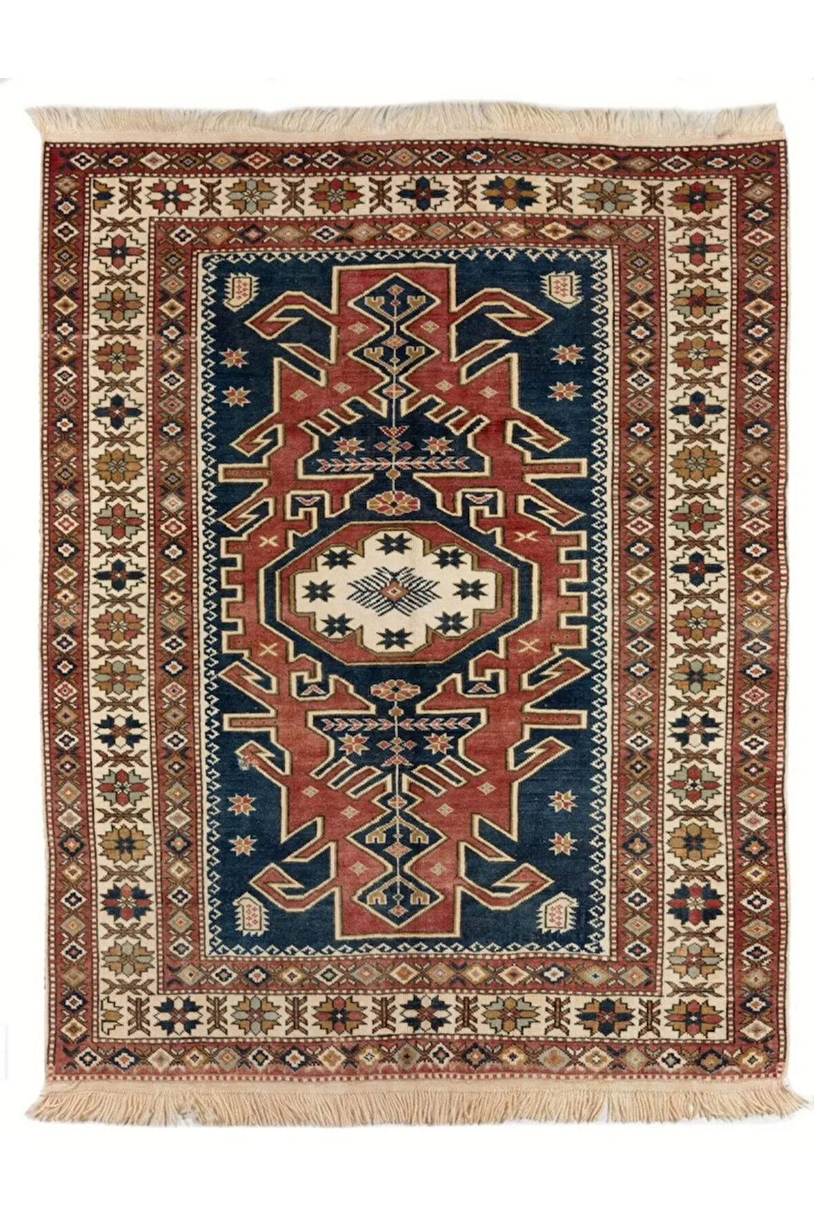 145x183 cm Benzersiz El Yapımı Eski Köy Halısı, %100 Yün