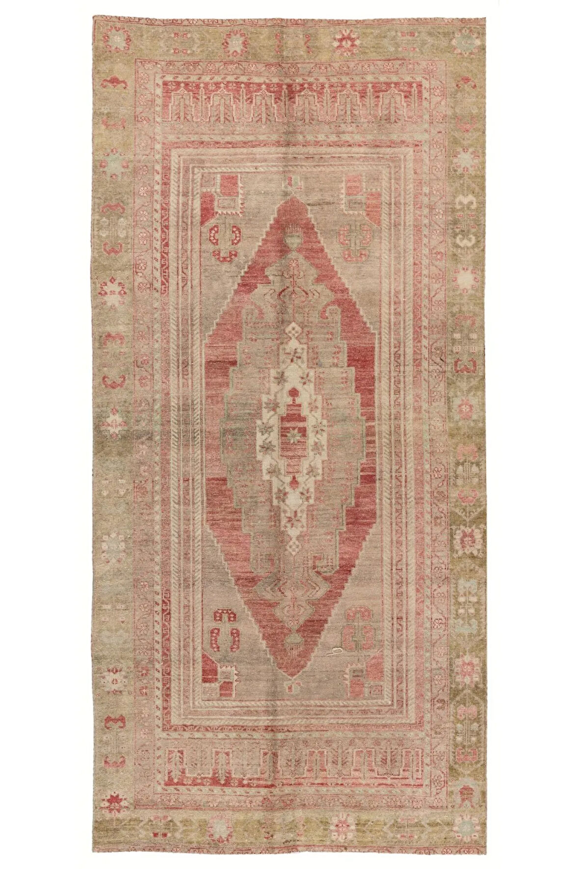 115x288 cm Eski Yumuşak Tonlarda Halı. El Dokuması Halı, %100 Yün Oryantal Halı