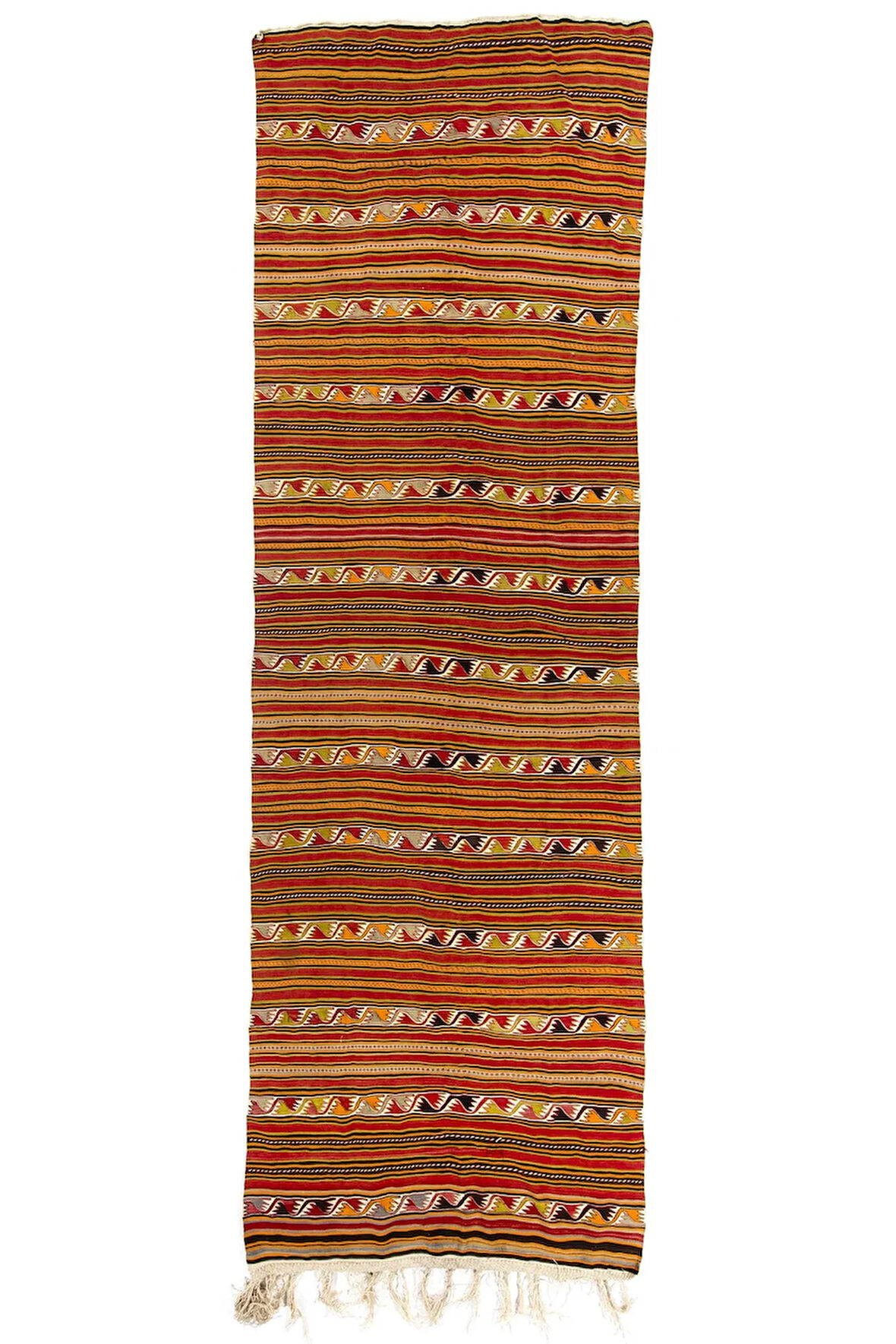 152x470 cm El Dokuma Eski Çizgili Türk Kilimi. Düz Dokuma Yolluk Halı. %100 Yün