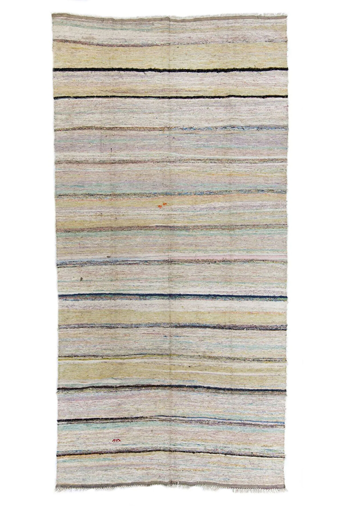 195x385 cm Pastel Renklerde Çizgi Desenli Eski El Dokuması Kilim. %100 Pamuk
