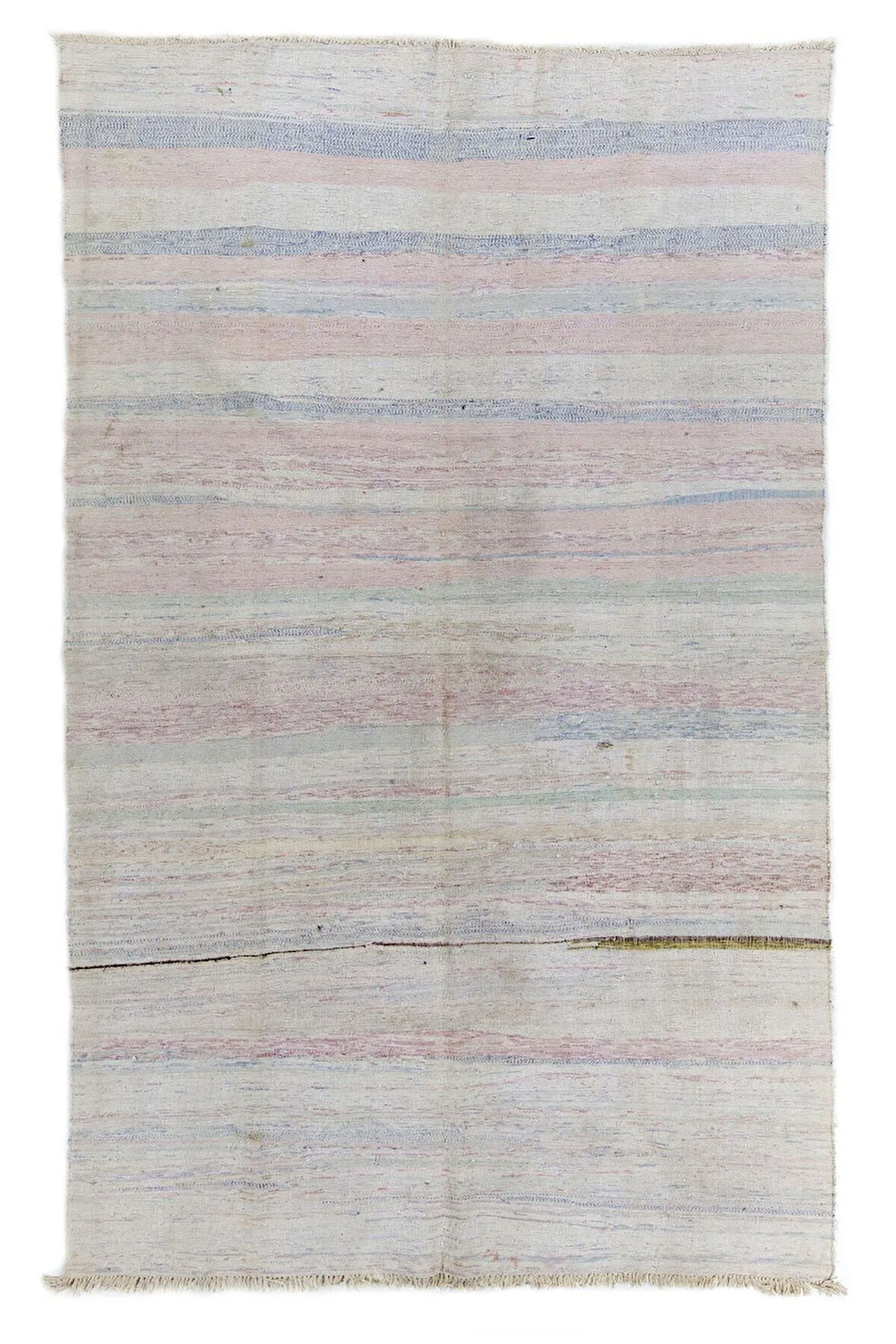 210x335 cm Yumuşak Renklerde Pamuklu Çizgi Desenli Eski El Dokuması Kilim