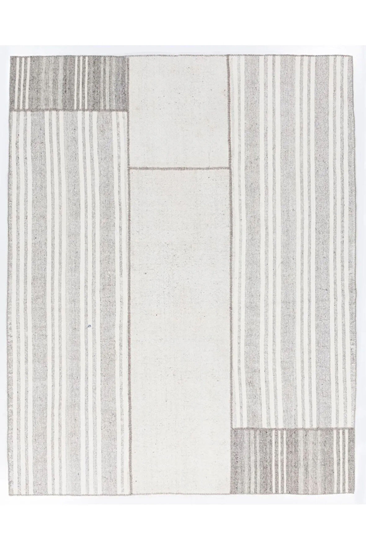 255x313 cm Beyaz Çizgili Gri Eski El Dokuma Türk Keçi Kılı ve Pamuklu Kilim Halı