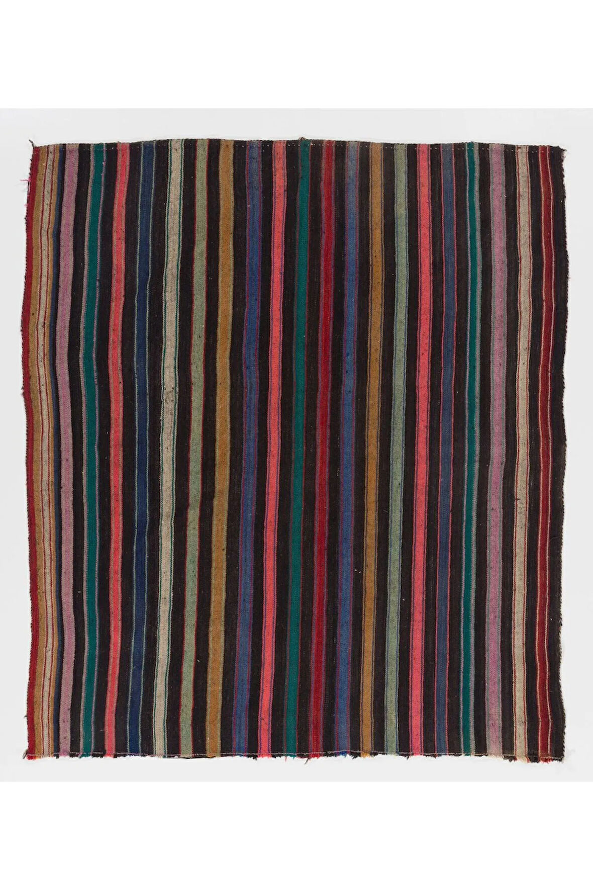 156x198 cm Siyah, Turuncu, Leylak, Yeşil Çizgili Eski Düz Dokuma Kilim Halı, Dekoratif Kilim