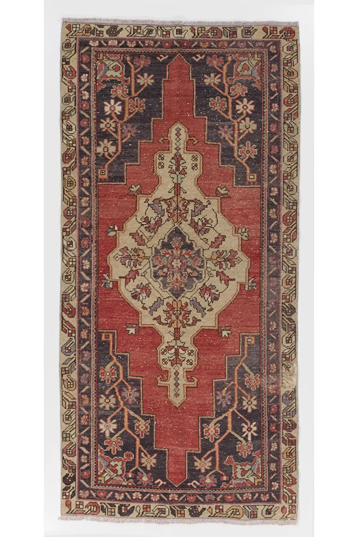 124x256 cm Eski El Yapımı Anadolu Köy Halısı, Geleneksel Yün Oryantal Halı