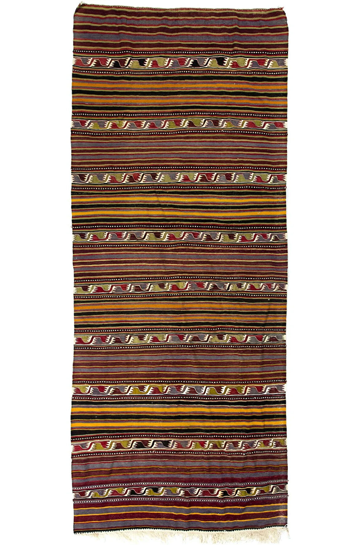 159x385 cm Çizgili El Dokuması Eski Türk Yolluk Kilim. Düz Dokuma Yolluk Kilim