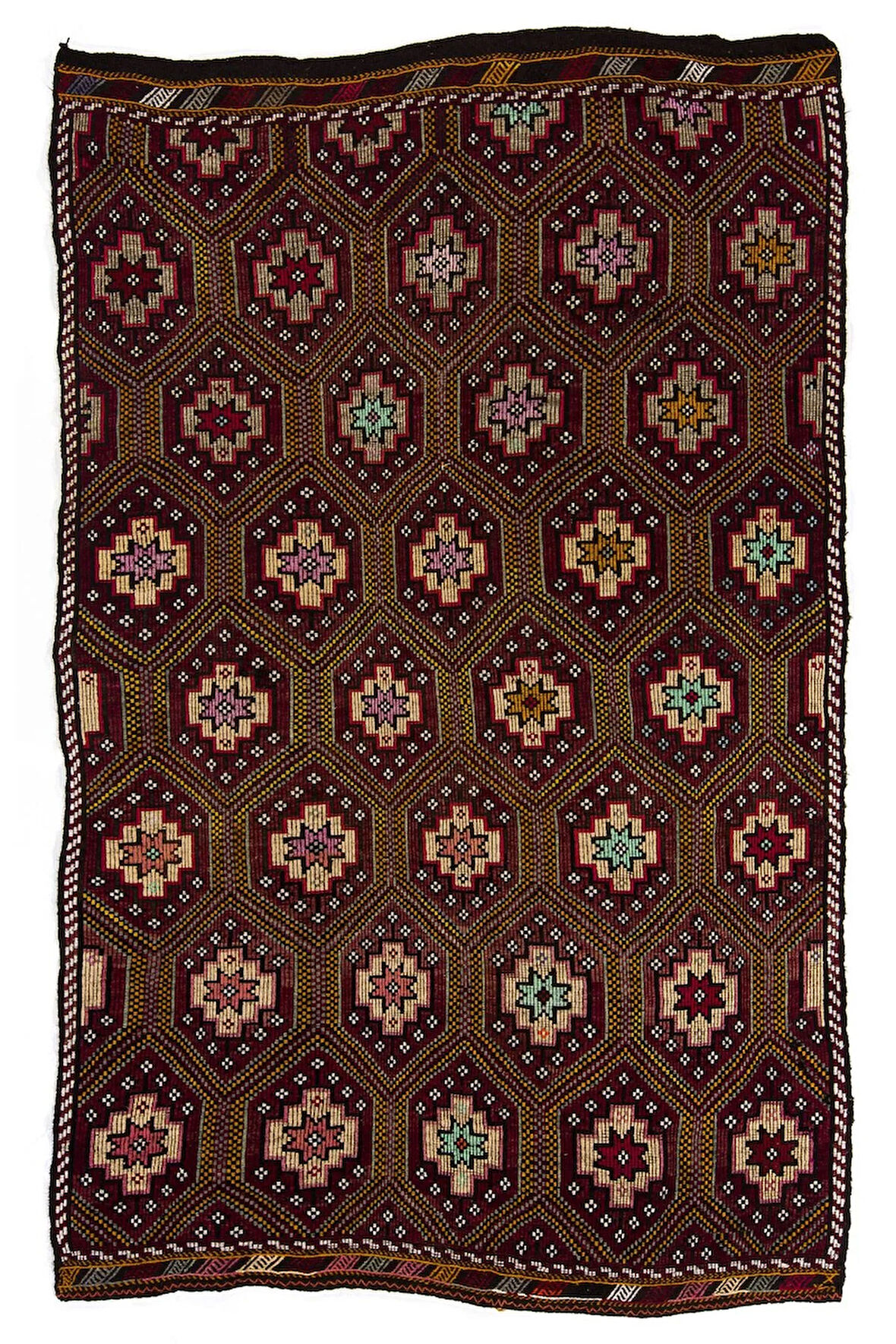 182x290 cm Çok Renkli Eski El Yapımı Cicim Kilim, %100 Yün