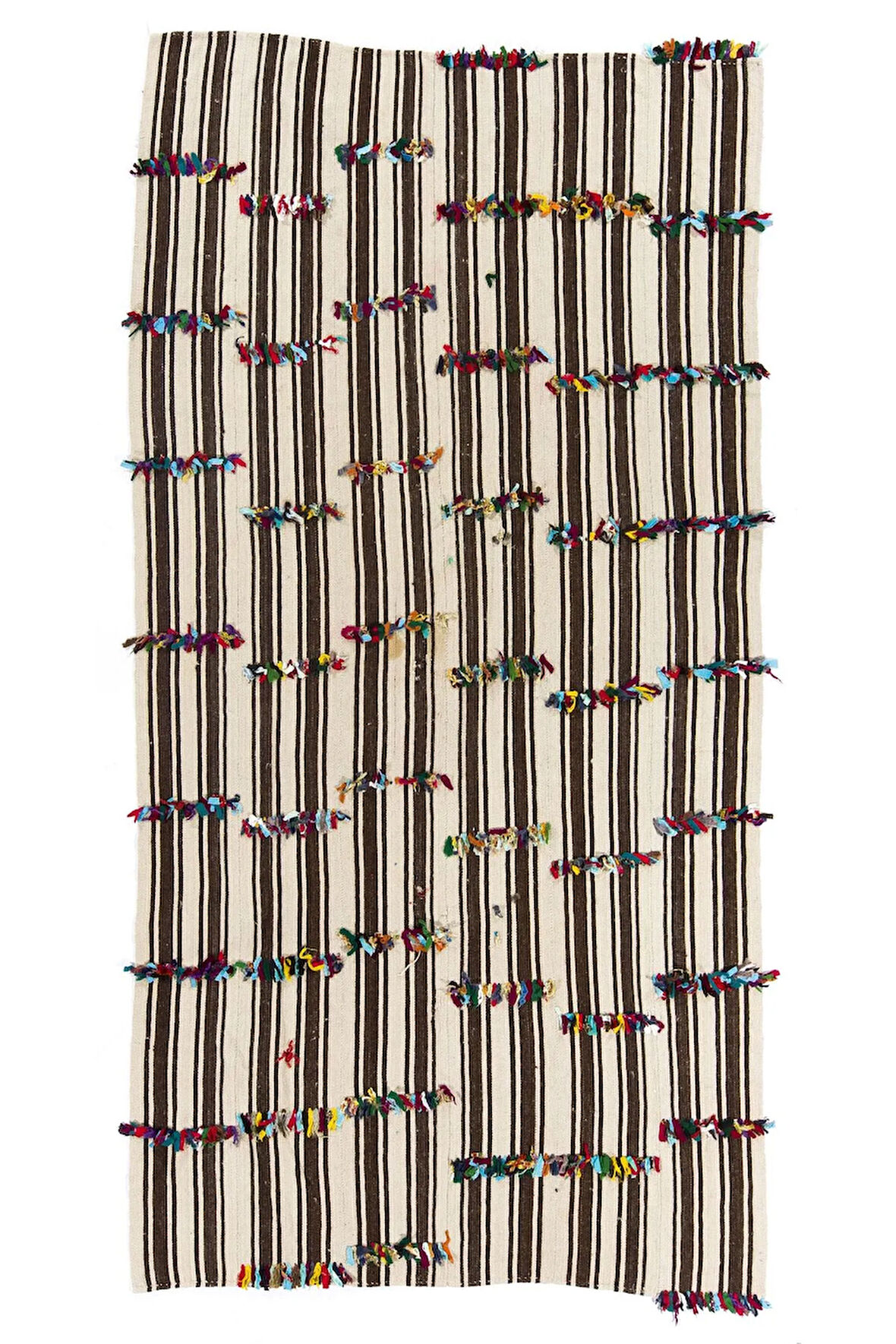 167x327 cm Çok Renkli Ponponlu Doğal Yünden Yapılmış Eski El Dokuması Kilim