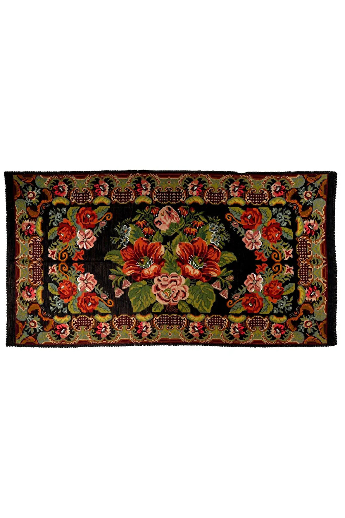 200x369 cm Türünün Tek Örneği Eski Duvar Askısı, Çiçekli Kilim, El Dokuma Moldova Kilimi, %100 Yün